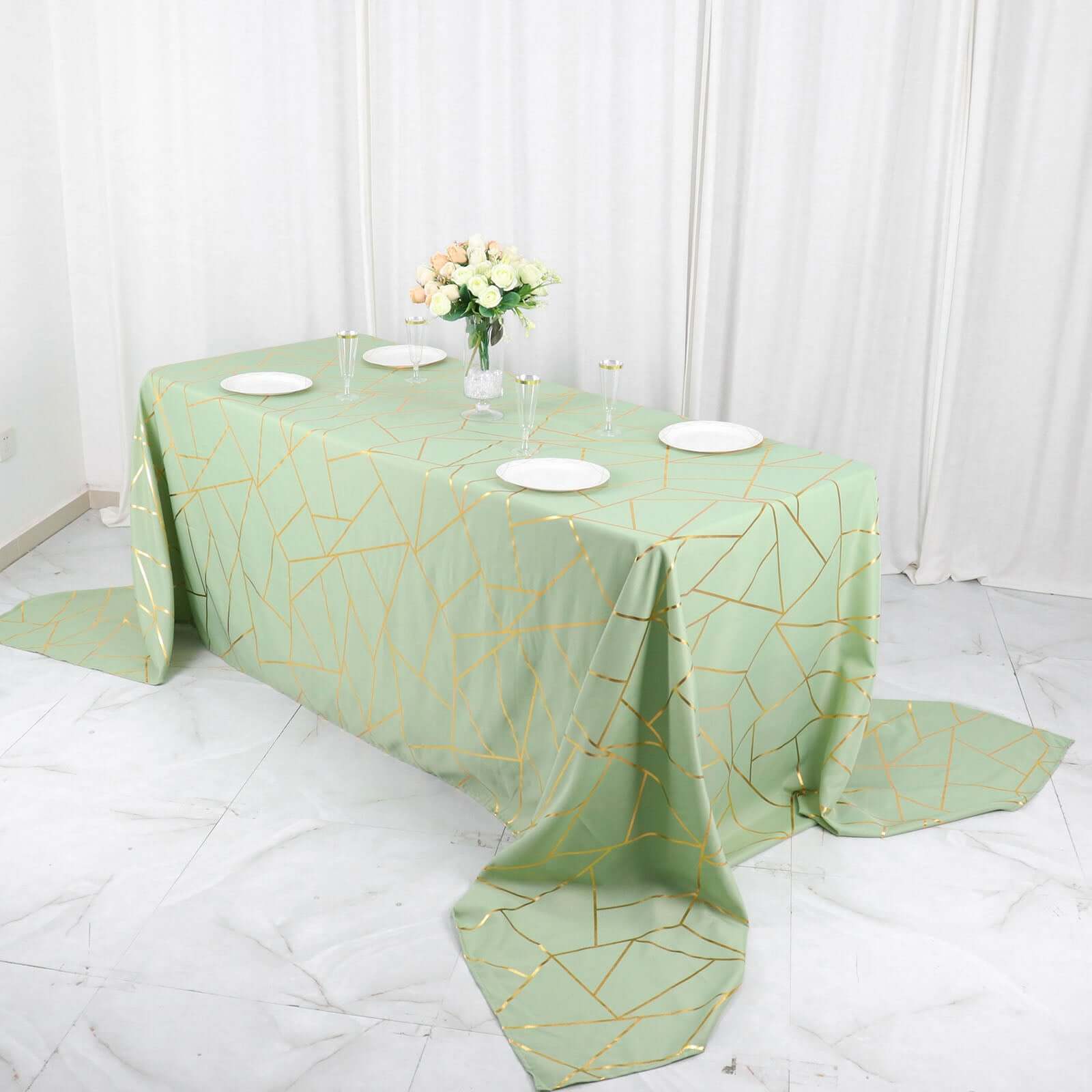 Polyester 90x156 Rectangle Tablecloth Sage Green Seamless with Gold Foil Geometric Pattern - Wrinkle-Resistant Seamless Table Cover for Sophisticated Events