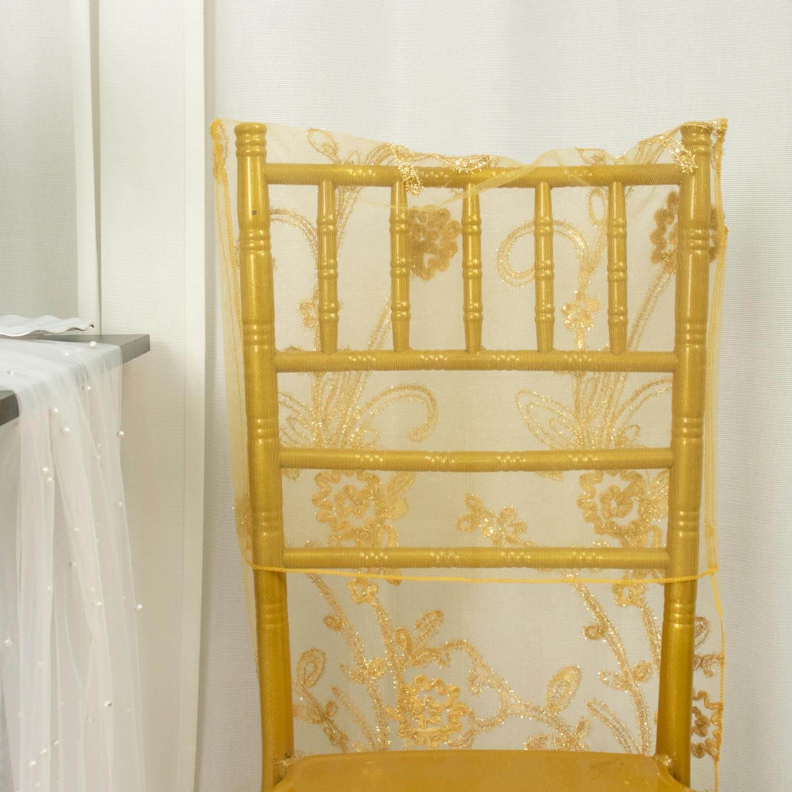 Organza Chiavari Chair Slipcover with Floral Sequin Embroidery Gold - Lace Chair Back Cover