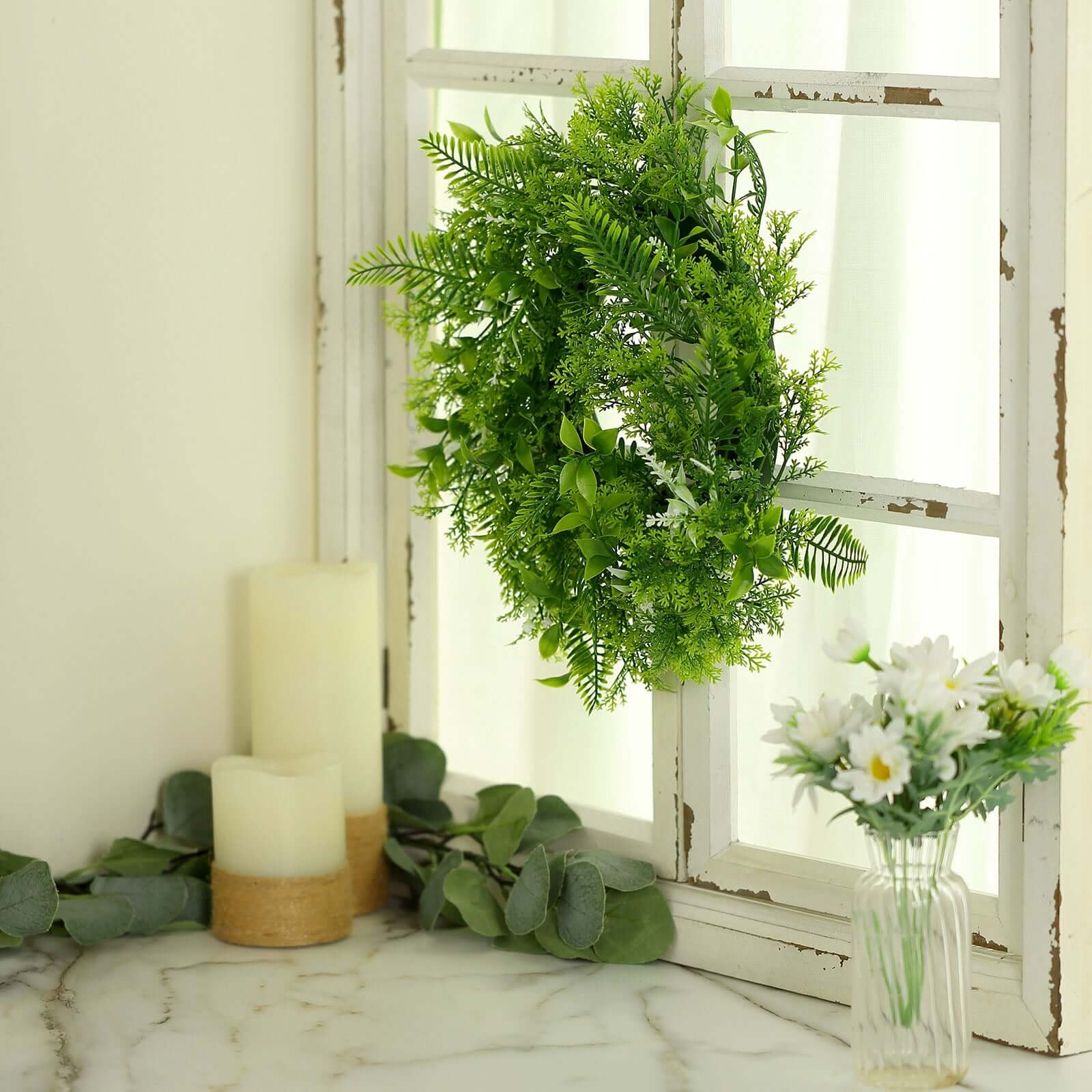 2 Pack 4 Green Artificial Fern Leaf Mix Pillar Candle Ring Wreaths