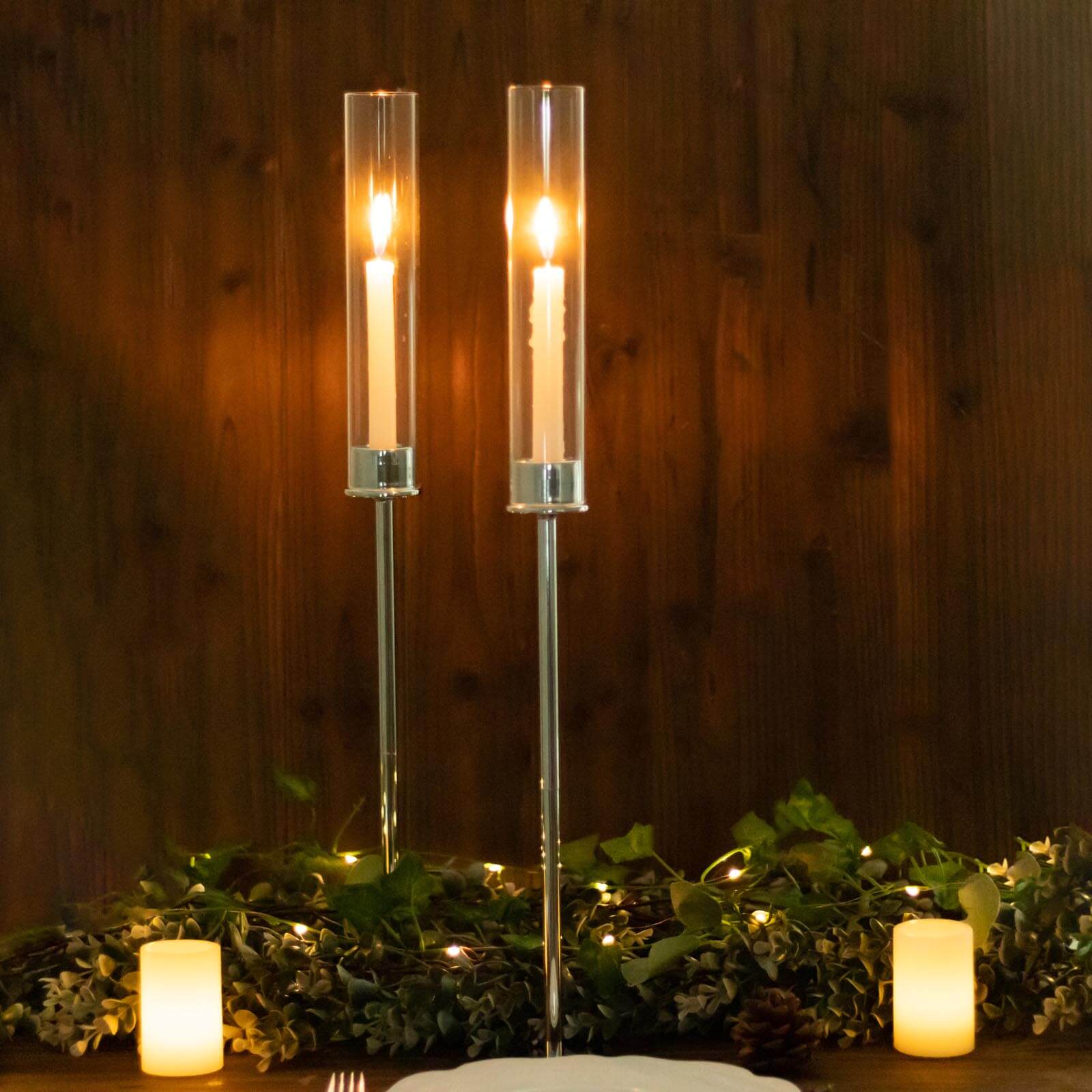 2-Pack Silver Metal Taper Candlestick Holders, Clear Glass Hurricane Candle Stands With Chimney Candle Shades 24