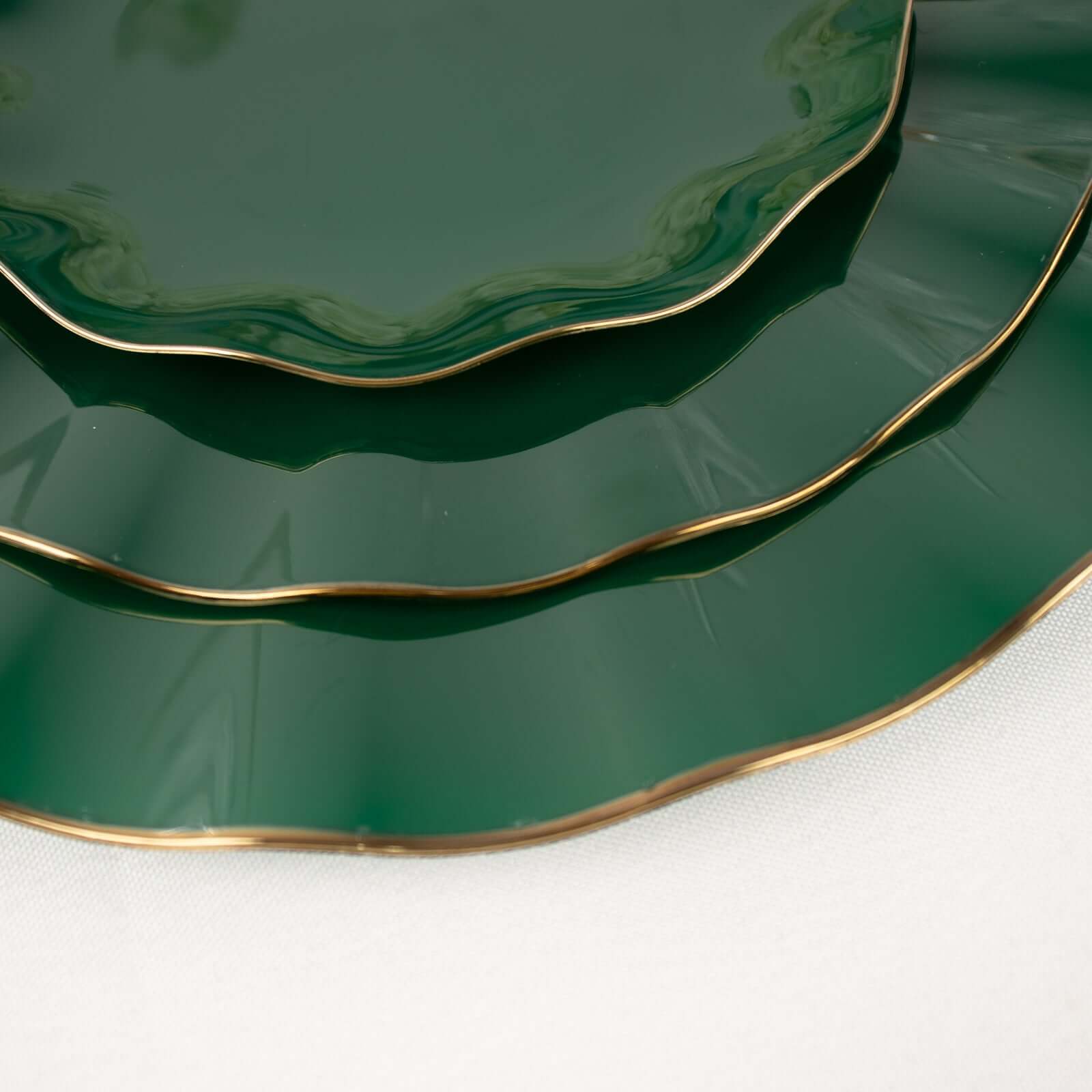 10-Pack Plastic Round 6 Dessert Plates in Hunter Emerald Green Ruffled Rim with Gold Edging - Sturdy Disposable Salad Appetizer Dinnerware