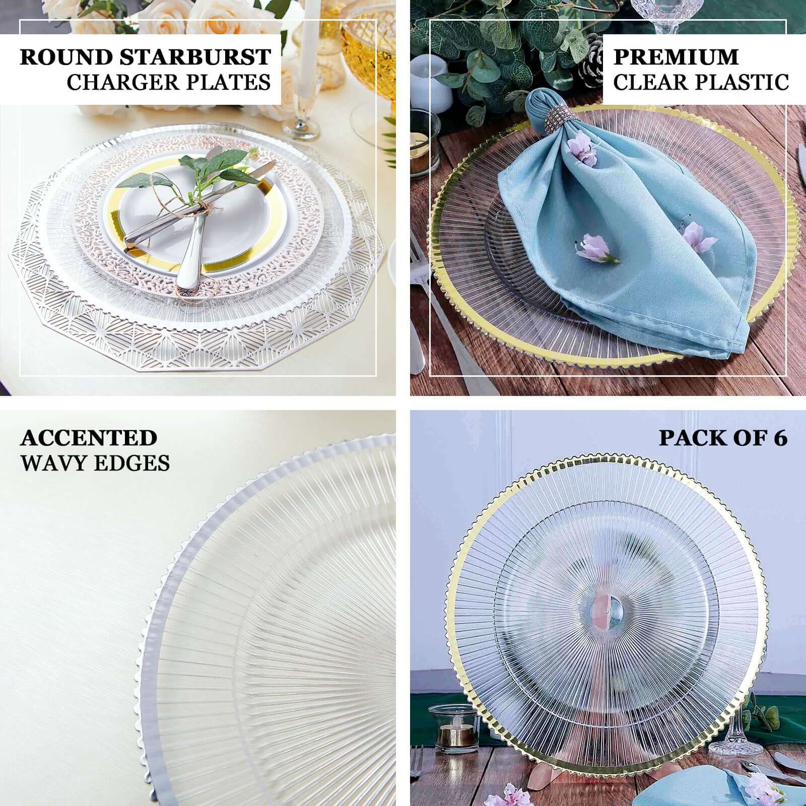 6-Pack Acrylic Plastic Round Charger Plates 13 in Clear with Gold Sunray Wavy Rim, Exquisite Dinner Serving Plates