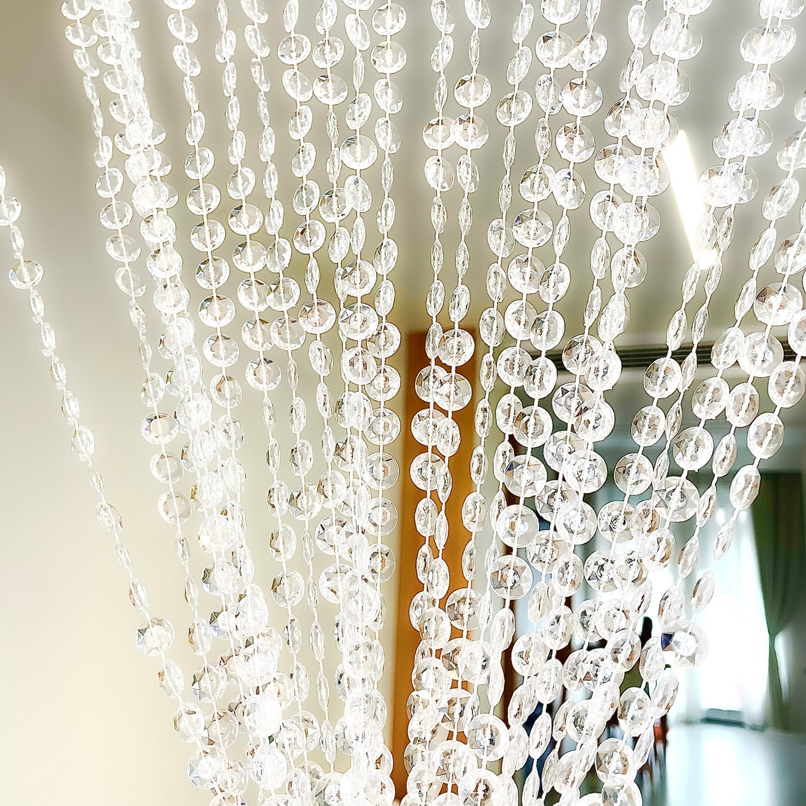 Acrylic Crystal Beaded Curtain with Fabric Rod Pocket, 43 Strands Room Divider Clear Diamond Cut Beads Doorway String Curtain - 5ftx12ft