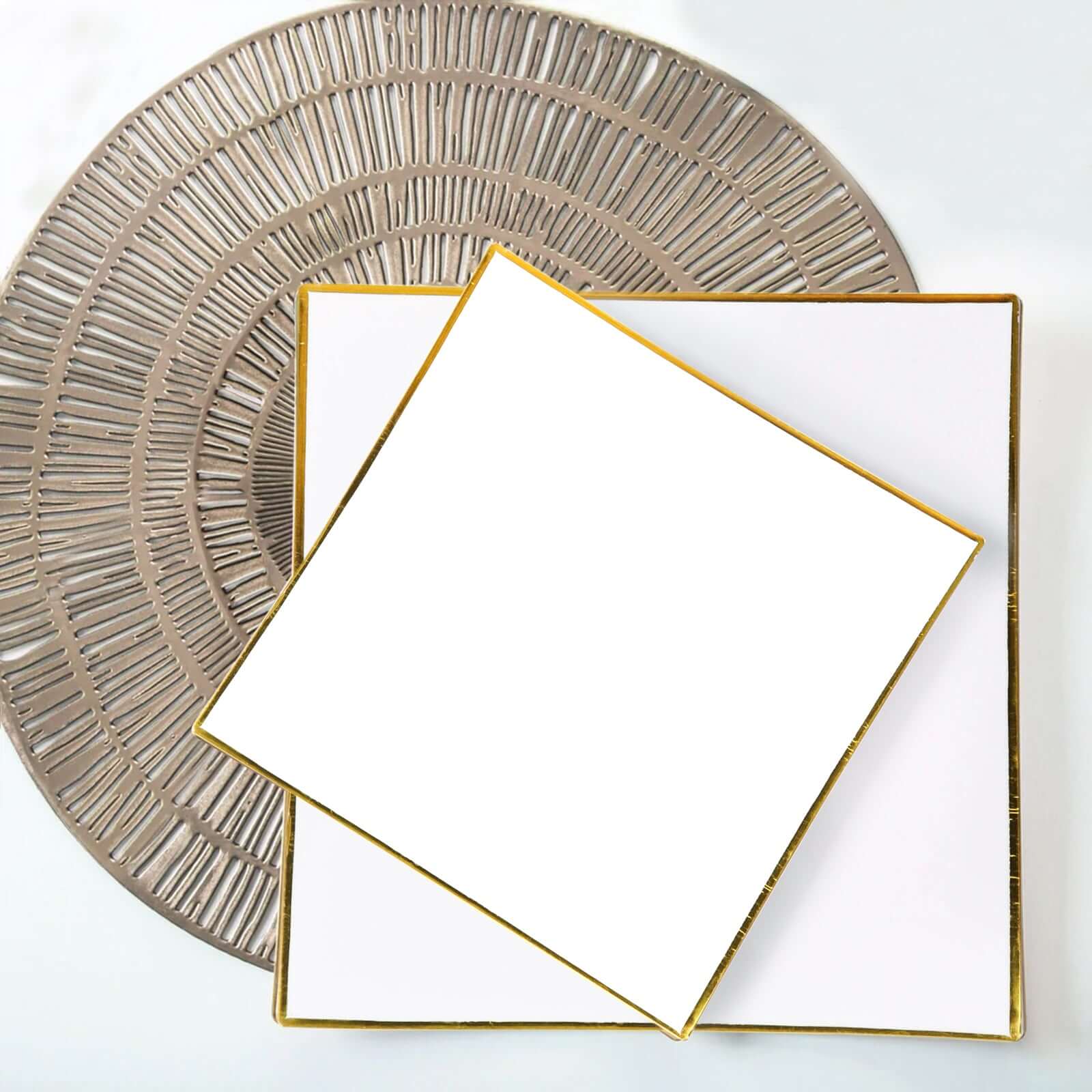 10-Pack Plastic 8 Square Dessert Plates in White Concave Style with Gold Rim - Modern Disposable Salad Appetizer Party Plates for Weddings & Special Events