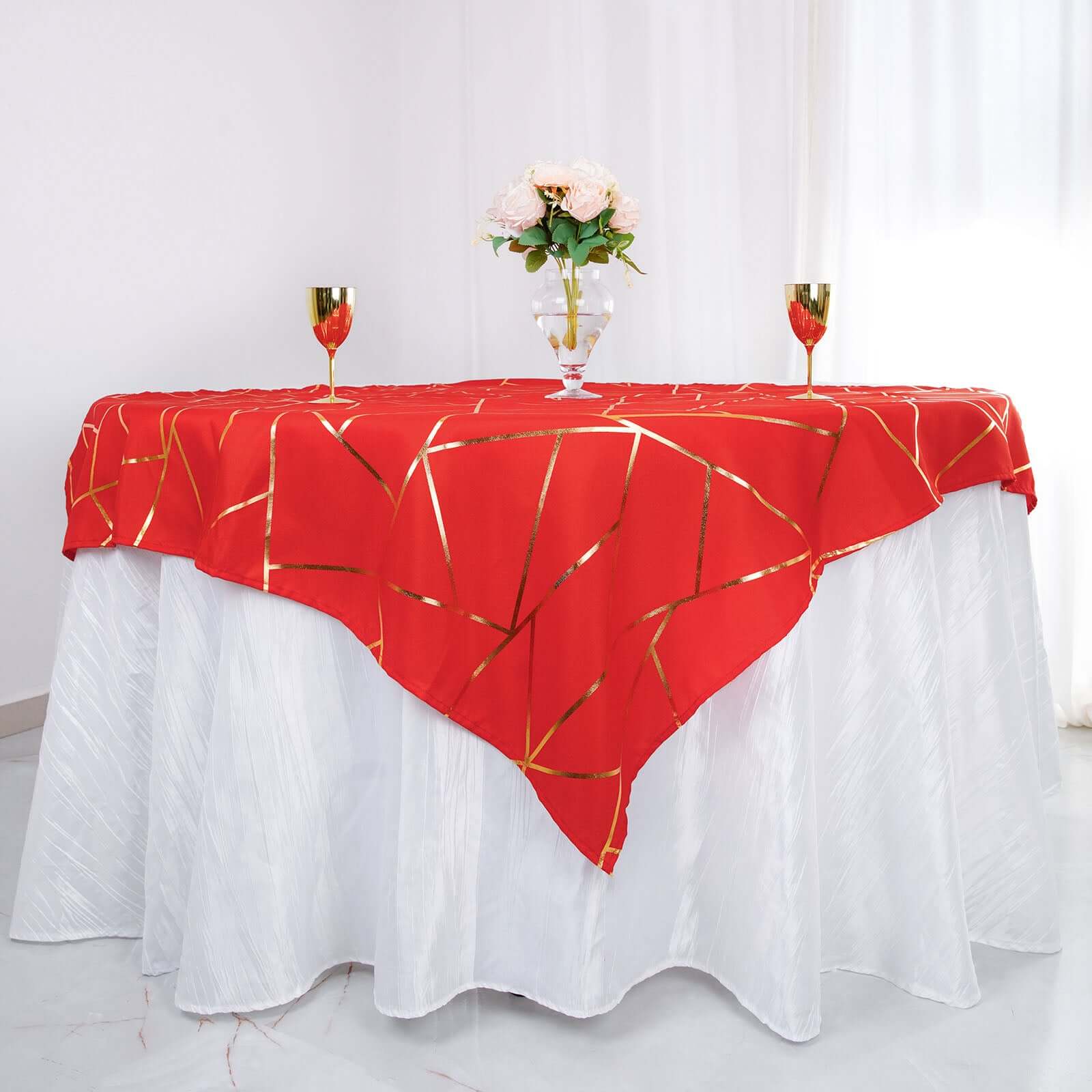 Polyester 54x54 Table Overlay Square Tablecloth Red with Gold Foil Geometric Pattern - Wrinkle-Resistant & Durable Table Topper