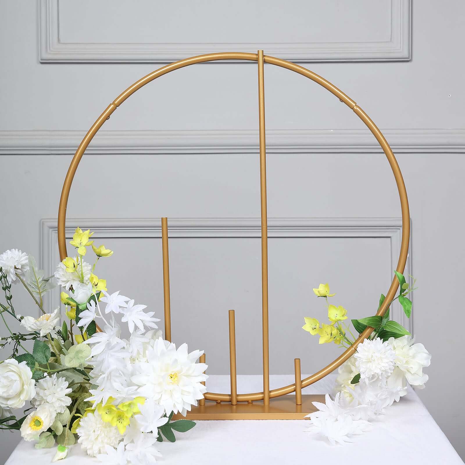 Round Floral Hoop Wedding Centerpiece Metal with Pillars Gold - Self-Standing Balloon Arch for Events 24