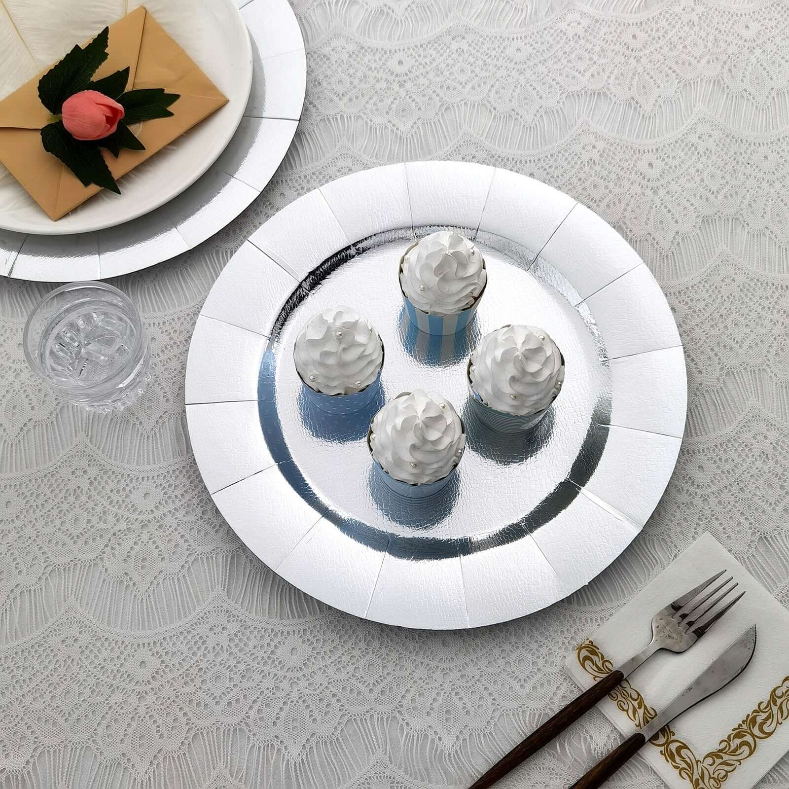 10-Pack Disposable Round Charger Plates in Silver with Leathery Texture - Durable 1100GSM Cardboard Placemats 13
