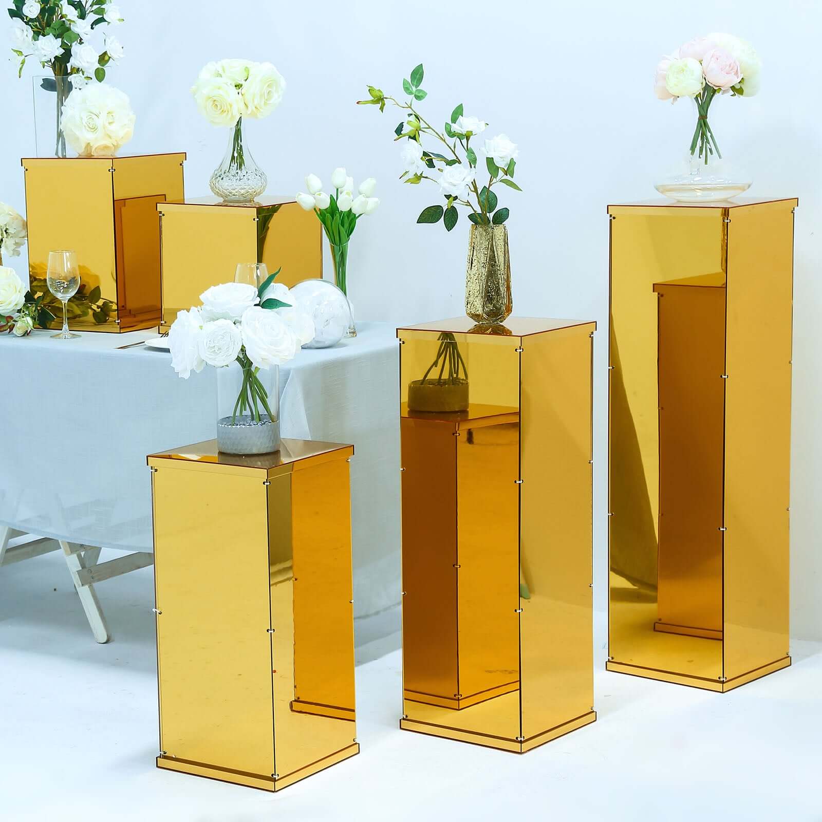 40 Floor Standing Gold Mirror Finish Acrylic Display Box, Pedestal Riser with Interchangeable Lid and Base