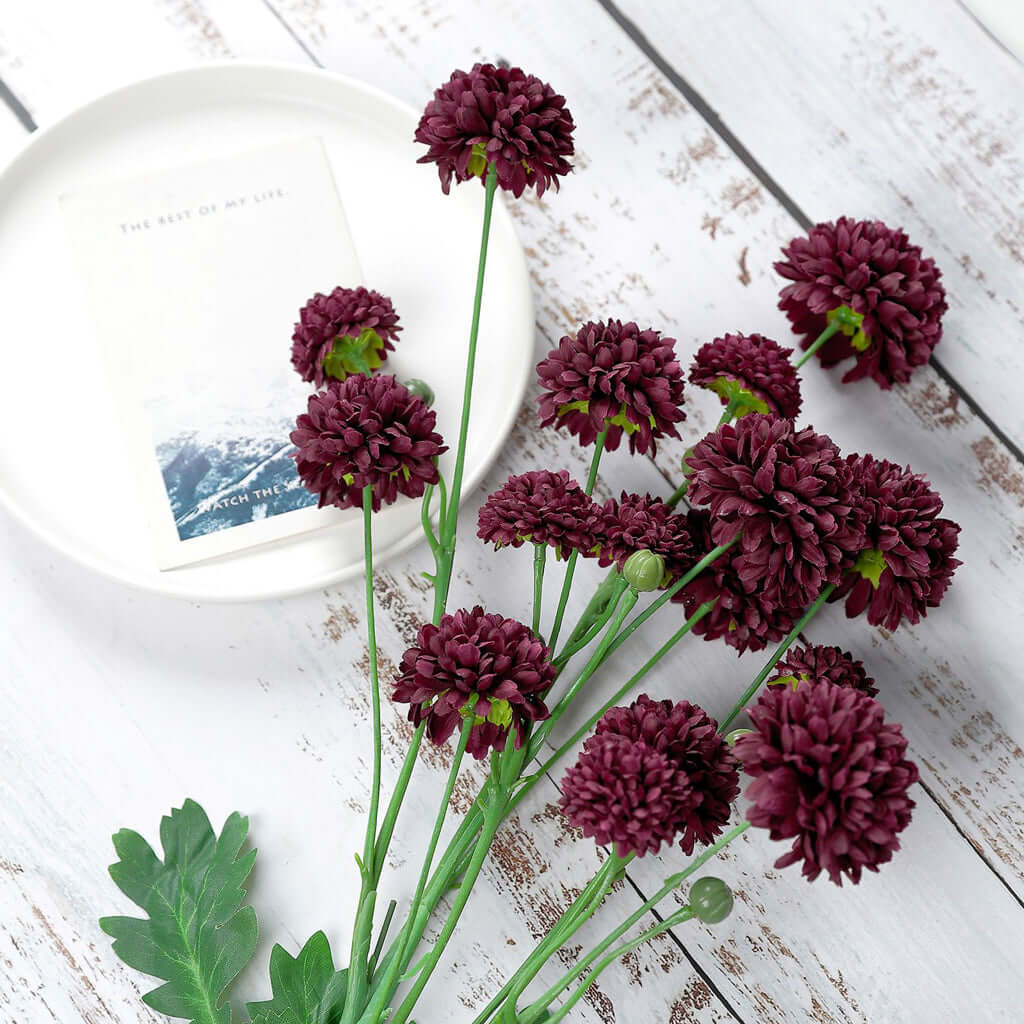 2 Bushes | 33 Burgundy Artificial Chrysanthemum Mum Flower Bouquets