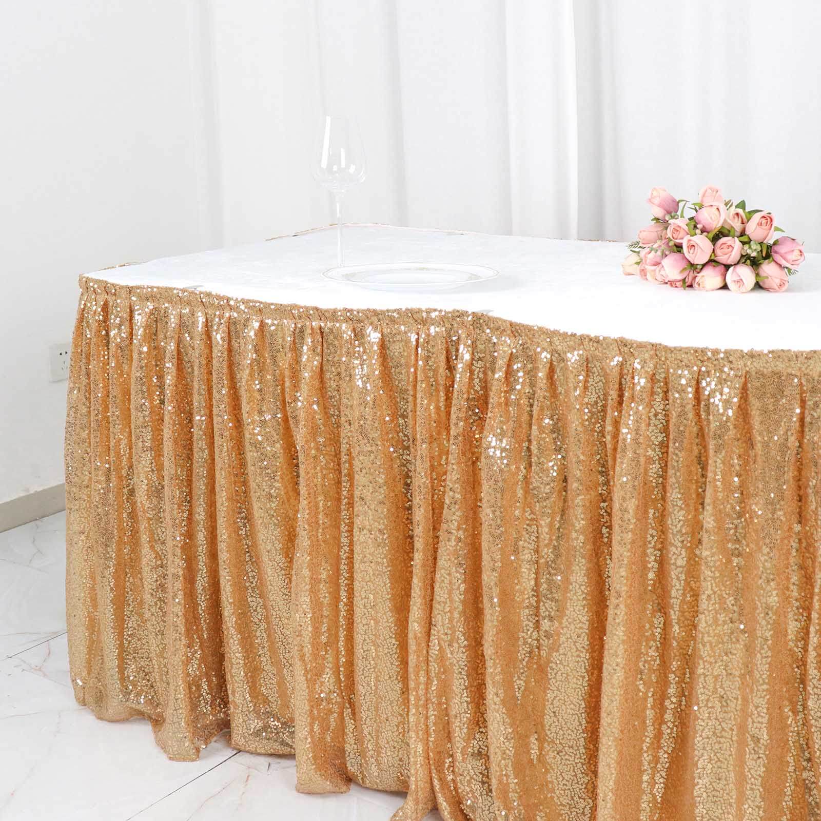 Sequin 17ft Table Skirt Gold - Pleated Satin With Top Velcro Strip - Glitzy Event Decoration