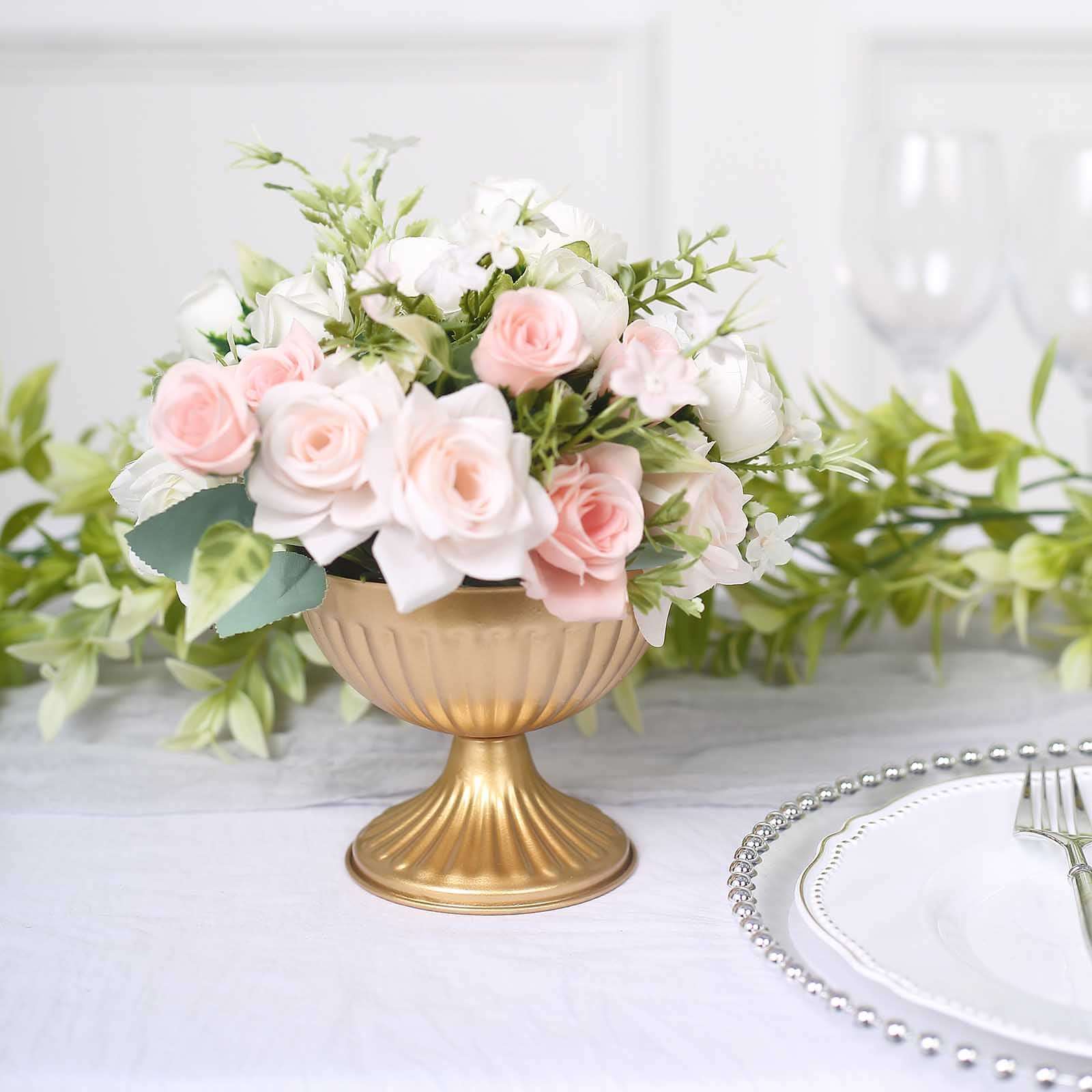 2-Pack Metal Pedestal Flower Vases Ribbed Bowl Style Gold - Antique Mini Compote Vase for Sophisticated Wedding Centerpieces 4