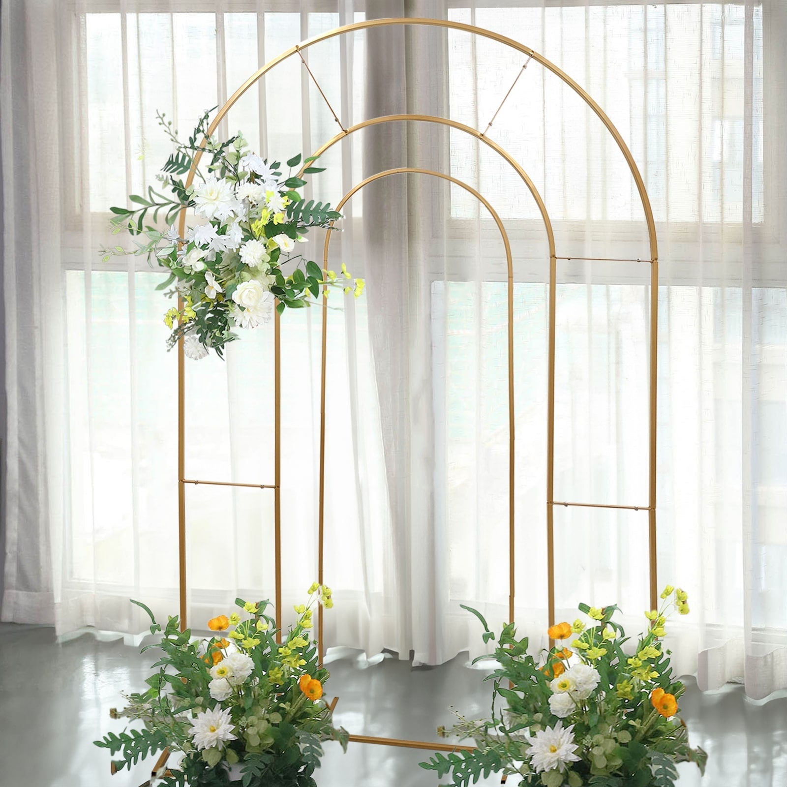 Set of 2 Gold Metal Round Top Chiara Backdrop Stand Wedding Arches, Double Arch Floral Balloon Frame Ceremony Arbors - 6ft,8ft