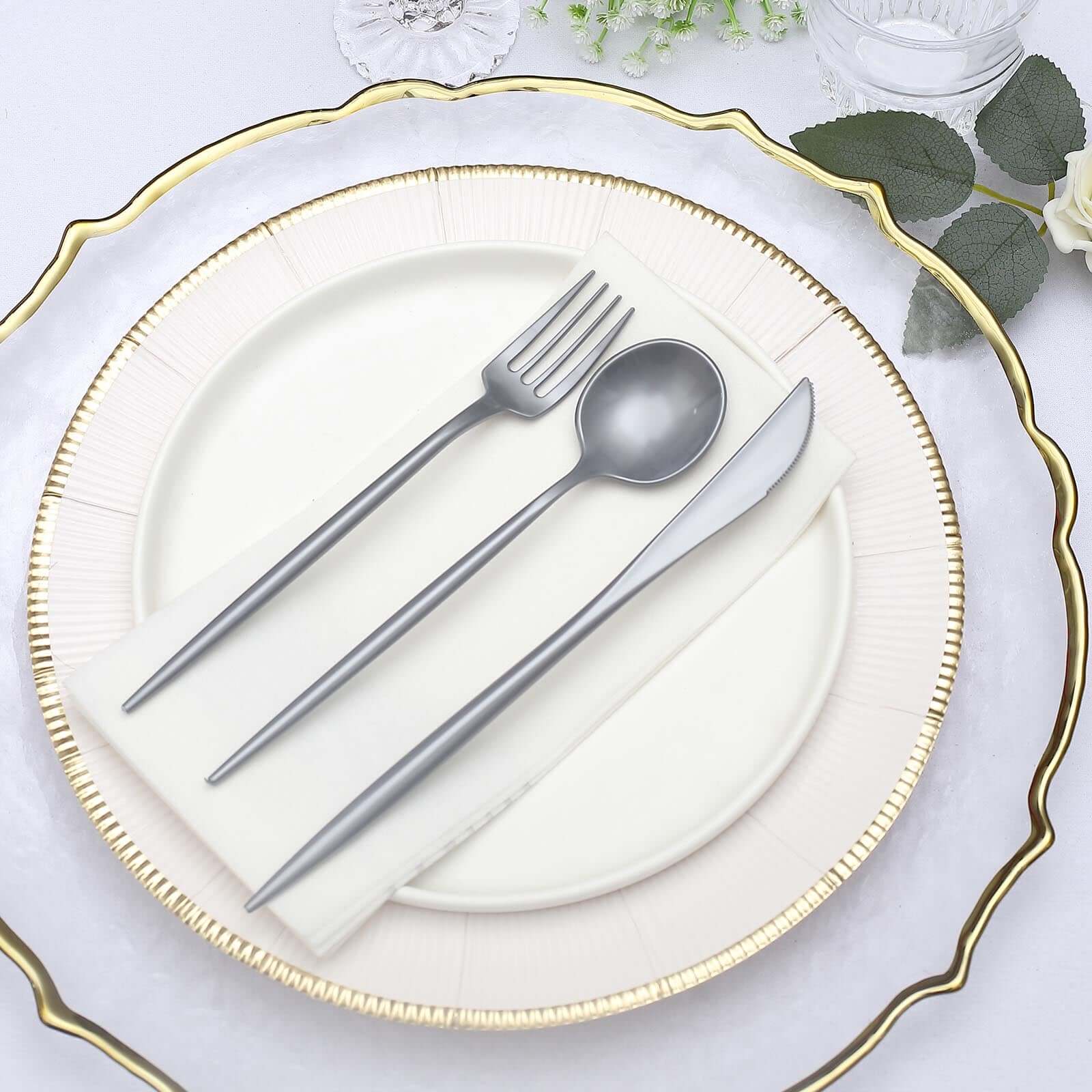 50 Pack Heavy Duty Plastic Utensil Set in Silver, Disposable Dinner and Dessert Cutlery Combo Set