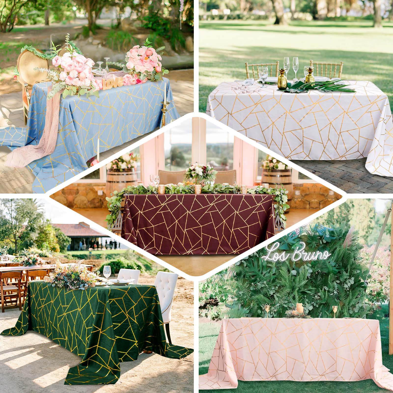 Polyester 90x132 Rectangle Tablecloth Hunter Emerald Green with Gold Foil Geometric Pattern - Wrinkle-Resistant Seamless Table Cover