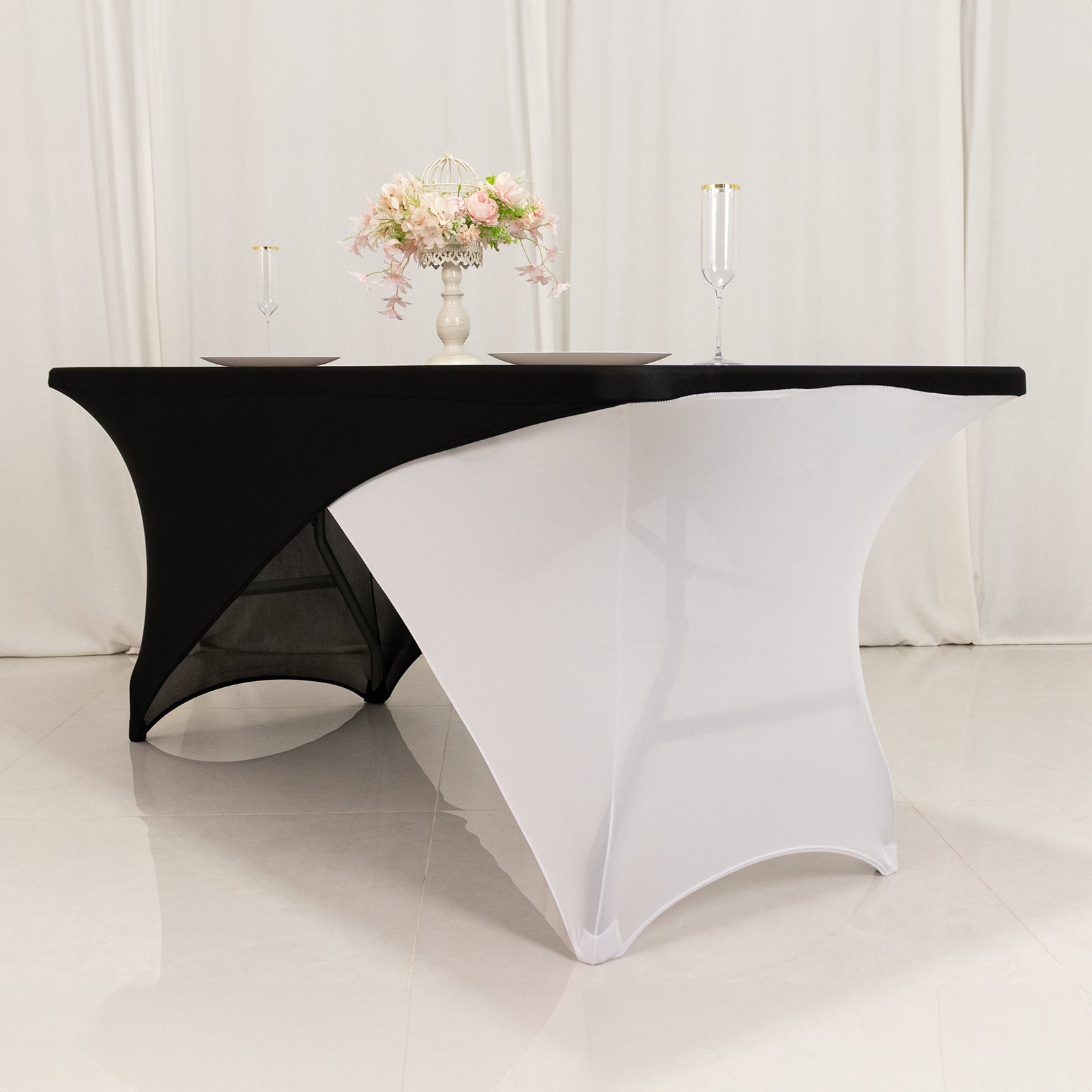 Stretch Spandex 72x30 Rectangle Table Cover Black/White Cross Over Design - Versatile & Sleek Two-Piece Fitted Tablecloth with Elastic Foot Pockets