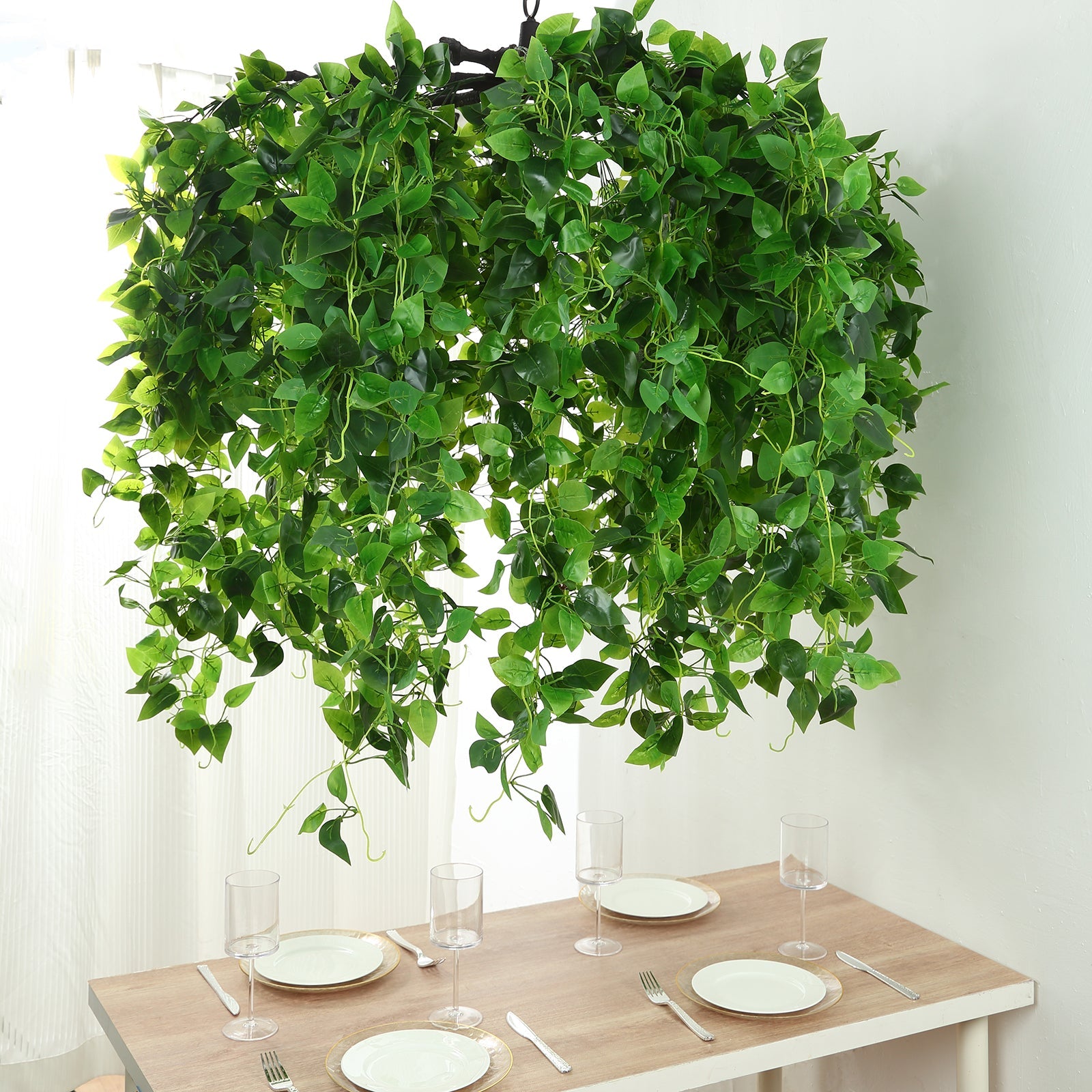 46 Green Artificial Eucalyptus Leaf Vines Ceiling Canopy, Round Draping Ivy Leaves Hanging Flower Chandelier With Interchangeable Branches