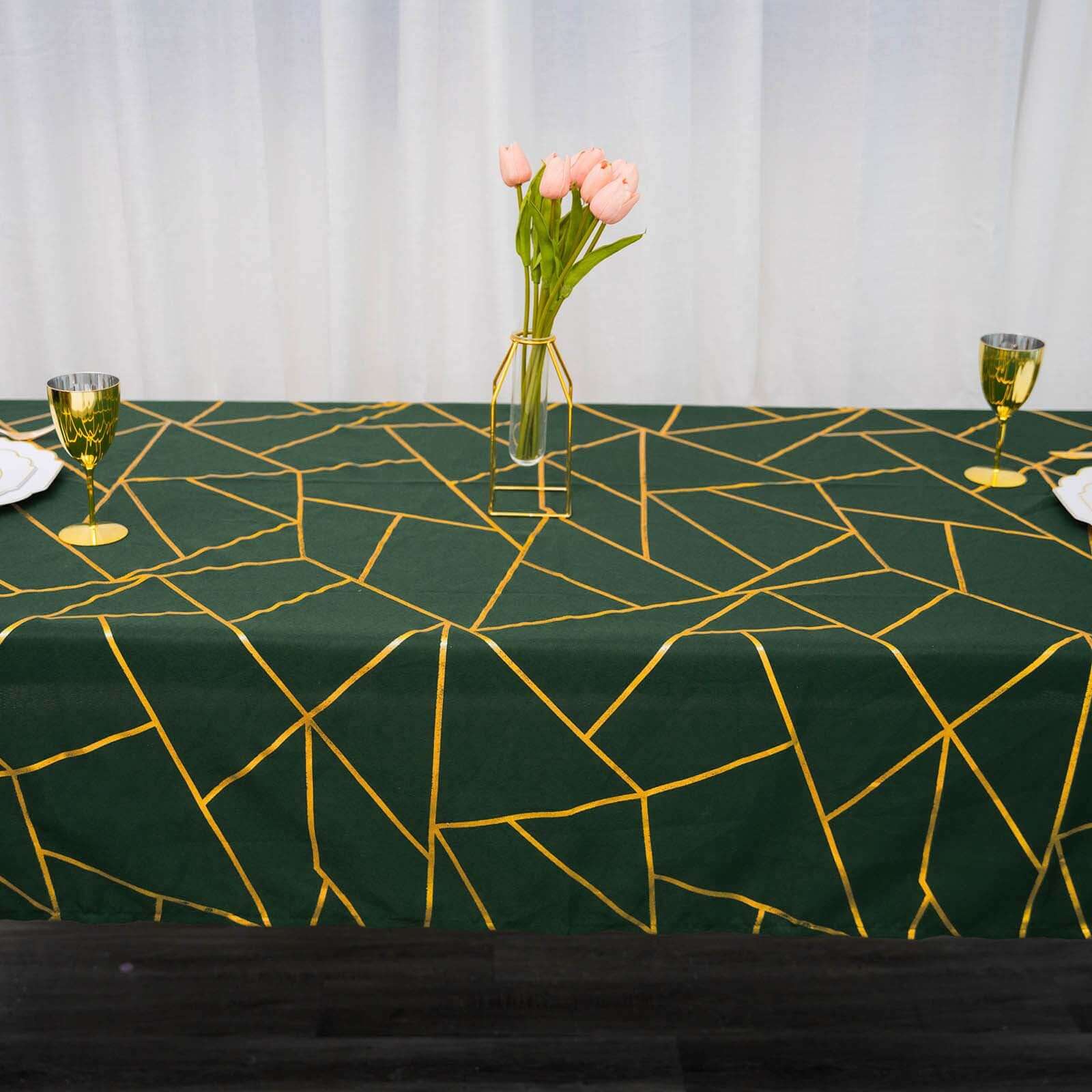 Polyester 60x102 Rectangle Tablecloth Hunter Emerald Green with Gold Foil Geometric Pattern - Wrinkle-Resistant & Durable Table Cover