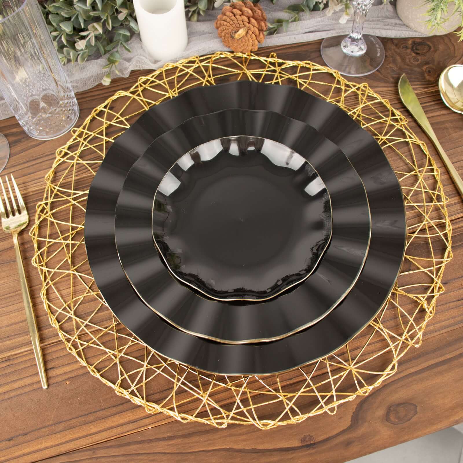 10-Pack Plastic 9 Round Dinner Plates in Black Ruffled Rim with Gold Edging - Sturdy Disposable Dinnerware