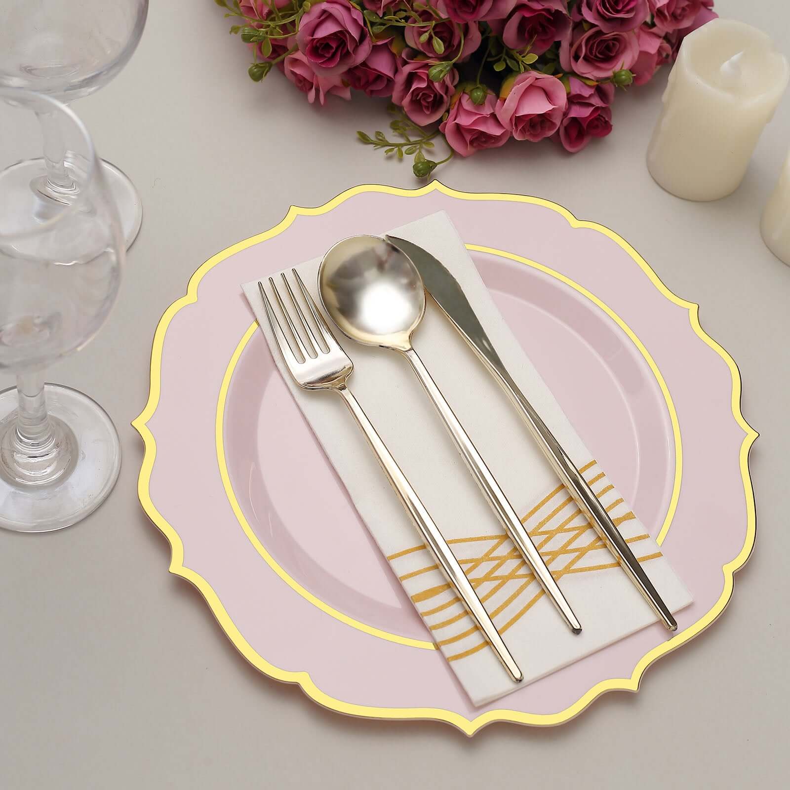 10-Pack Plastic 10 Round Dinner Plates in Blush with Gold Scalloped Rim - Disposable Party Plates