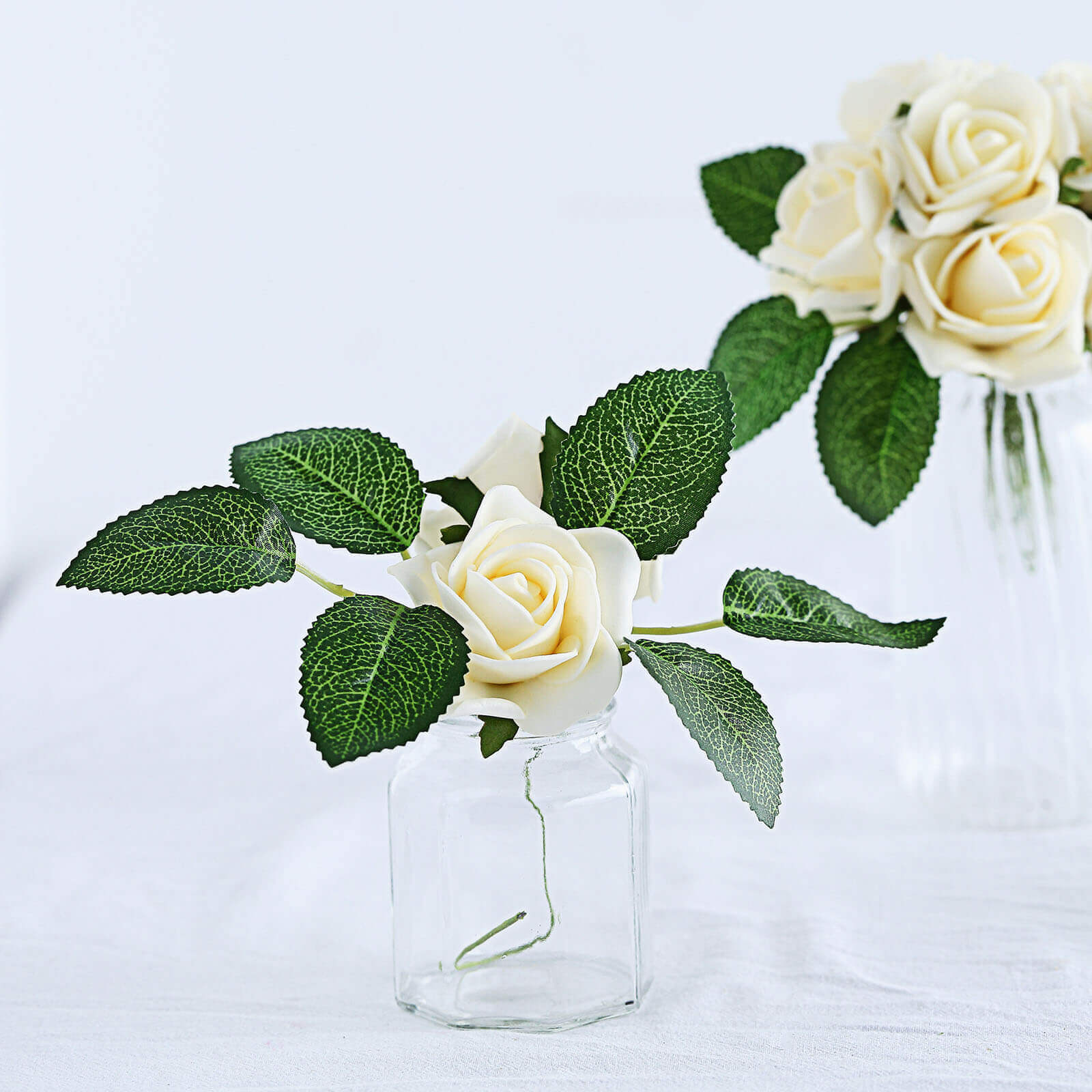 24 Roses 2 Cream Artificial Foam Flowers With Stem Wire and Leaves