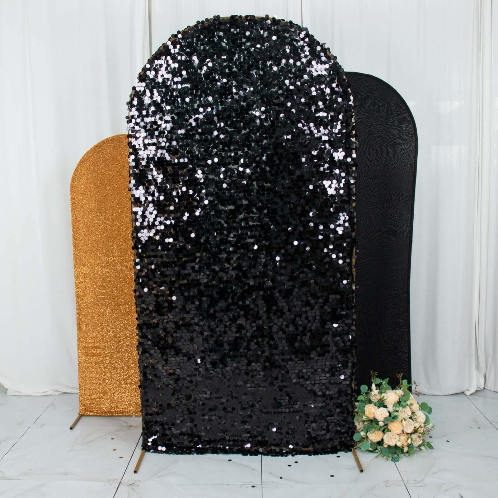 Set of 3 Black Gold Round Top Fitted Wedding Arch Frame Covers, Big Payette Sequin, Shimmer Tinsel and Matte Spandex Backdrop Stand Covers