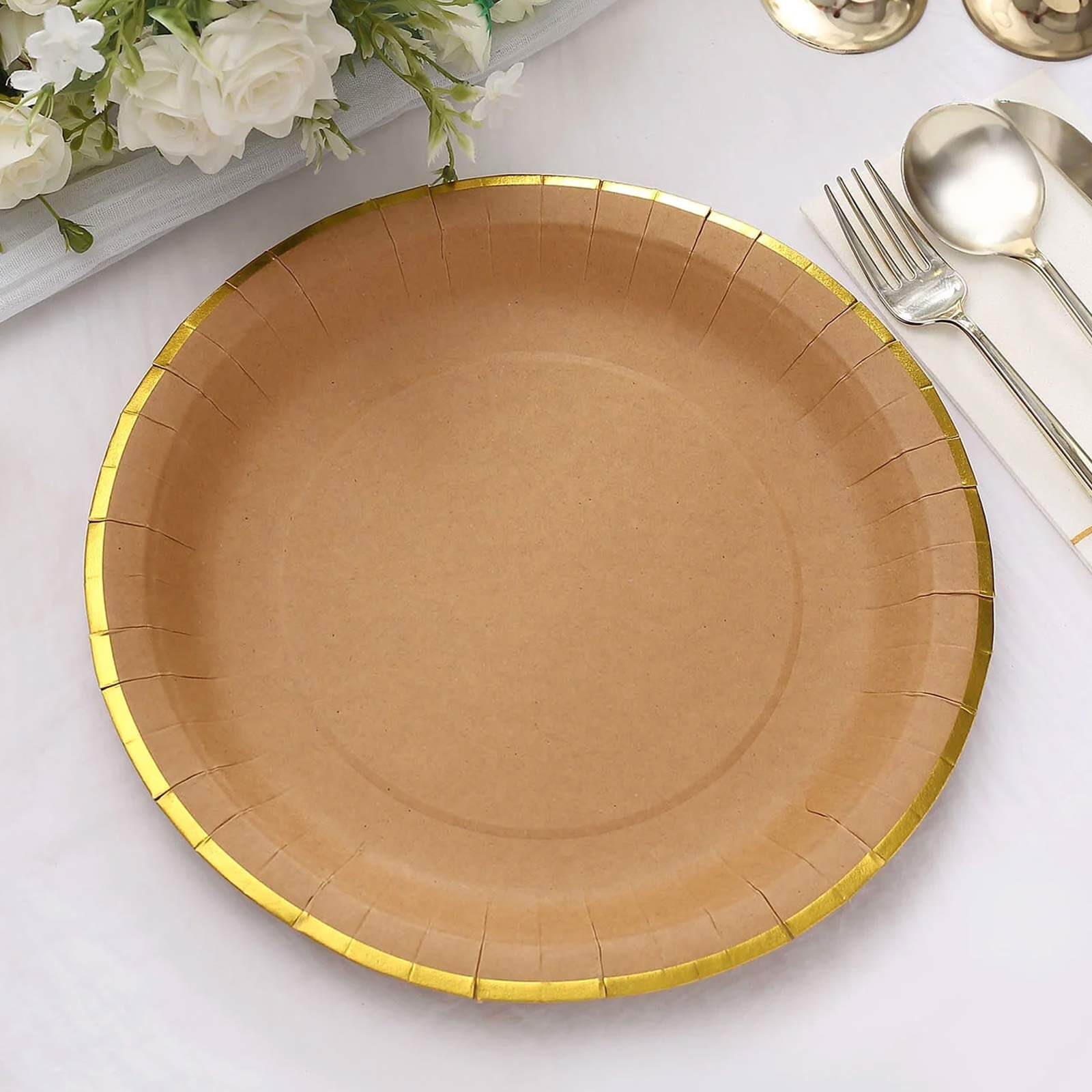 25-Pack Kraft Paper 10 Round Dinner Plates in Natural Brown with Gold Lined Rim - Disposable Party Plates for Rustic & Vintage Inspired Events