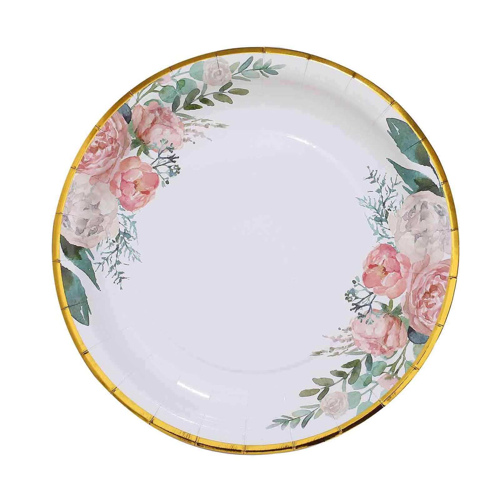 25-Pack Paper 9 Round Dinner Plates White with Peony Floral Design & Gold Rim - Disposable Floral Party Plates for Brunches & Afternoon Teas