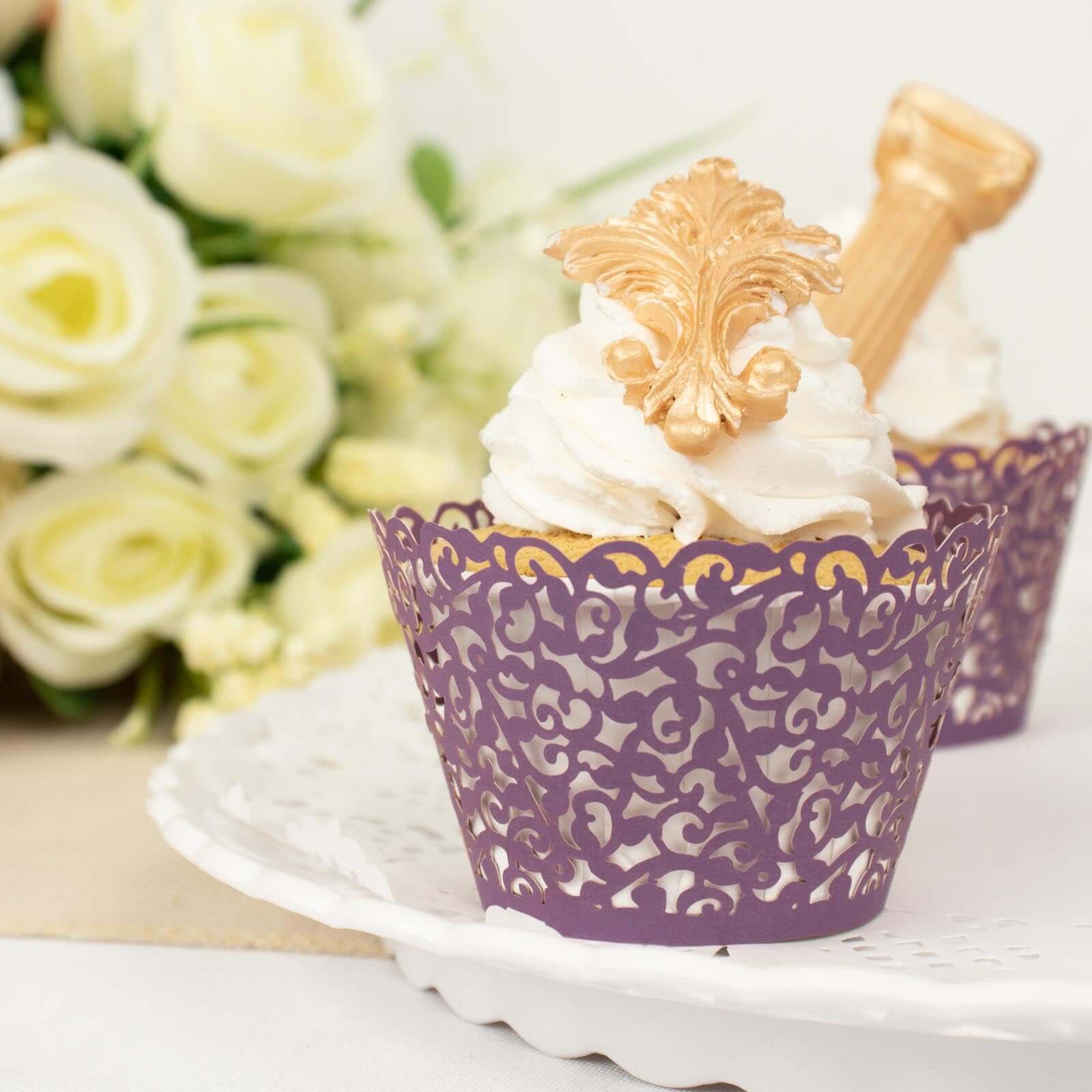 25-Pack Paper Cupcake Wrappers Lace Laser Cut Design Purple - Muffin Baking Cup Trays for Events