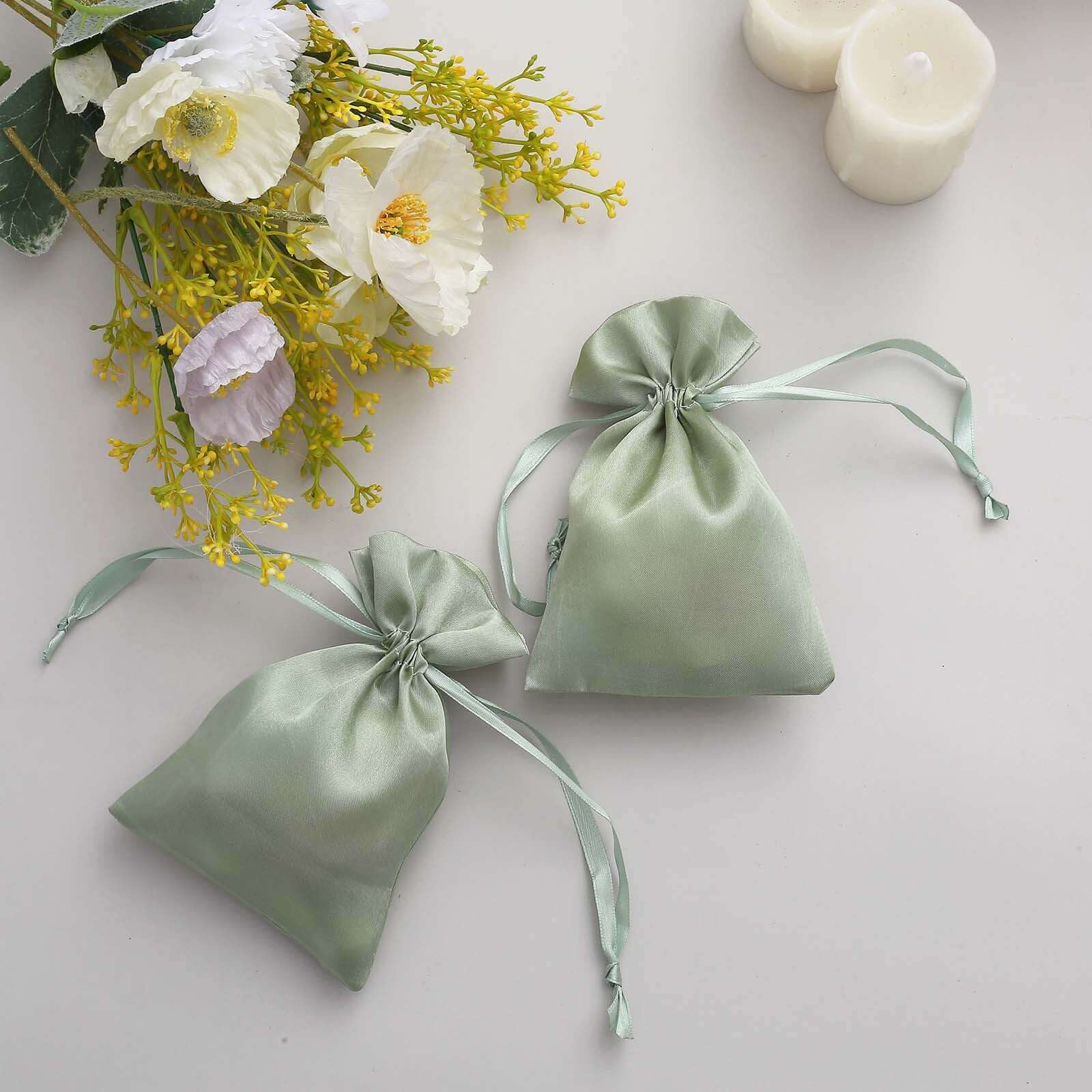 12 Pack 4x6 Sage Green Satin Drawstring Wedding Party Favor Gift Bags