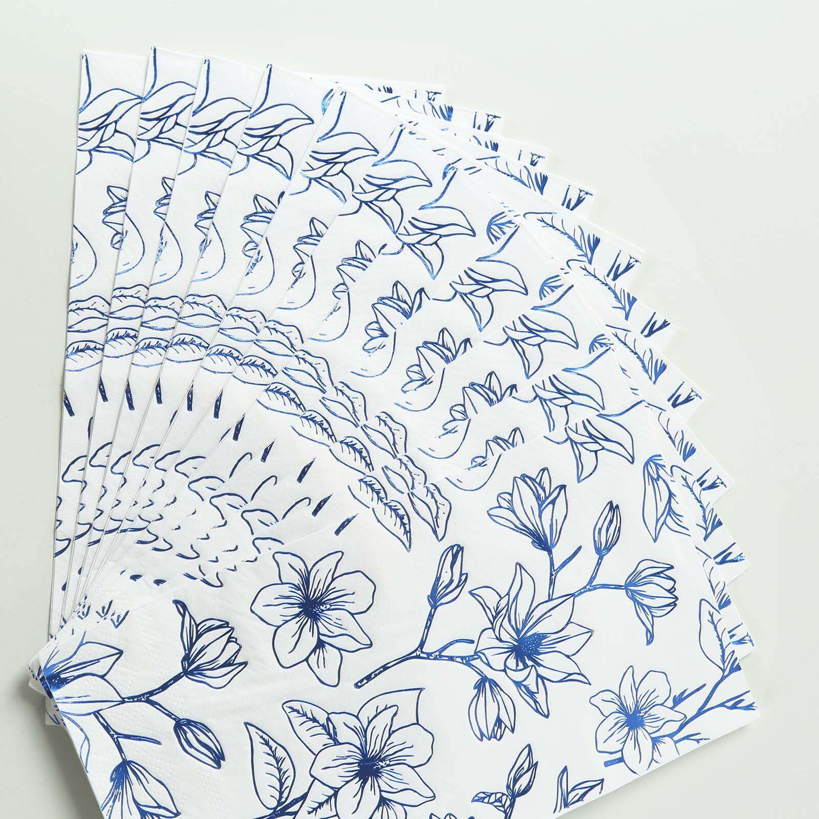 50-Pack Paper Dinner Napkins White with Blue Magnolia Flowers Print 2-Ply - Disposable Soft Napkins for Parties