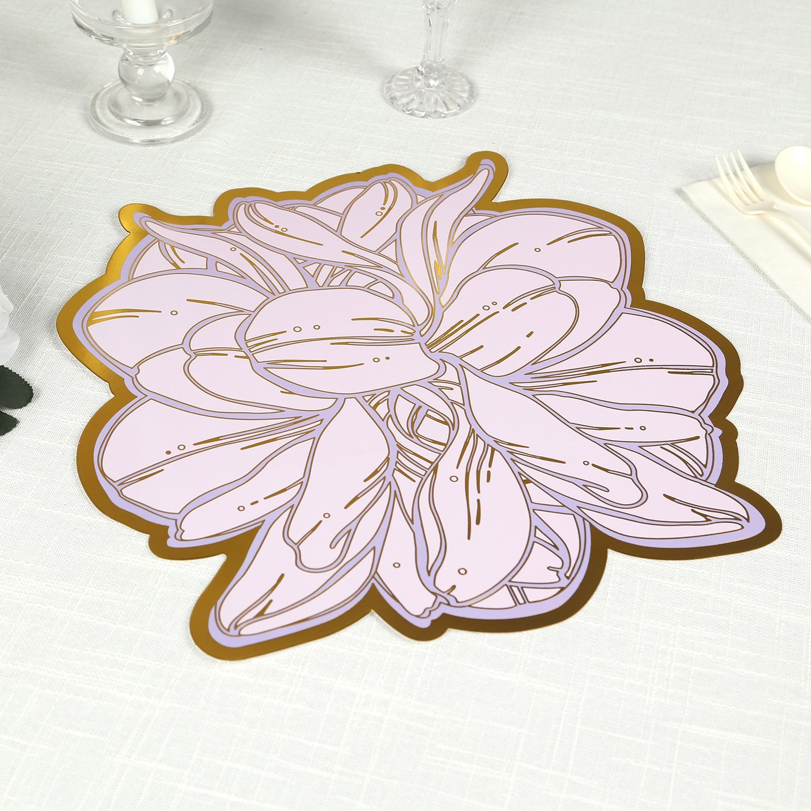 10-Pack Disposable Table Placemats in Lavender with Peony Flower Print & Gold Foil Edges - Lilac 300GSM Floral Cardboard Placemats for Dinner Parties & Gatherings 14