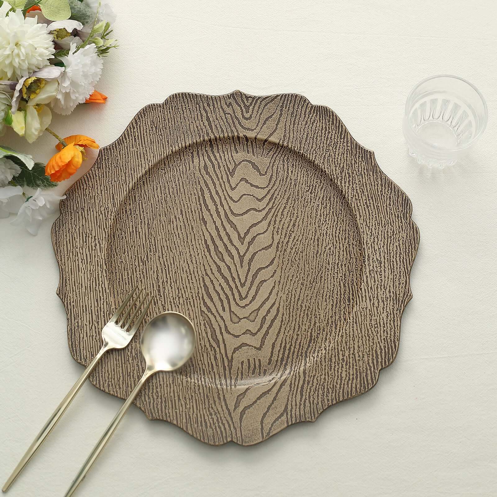 6-Pack Acrylic Round Charger Plates 13 in Rustic Natural with Wood Grain Scalloped Rim, Decorative Dinner Party Charger Tableware