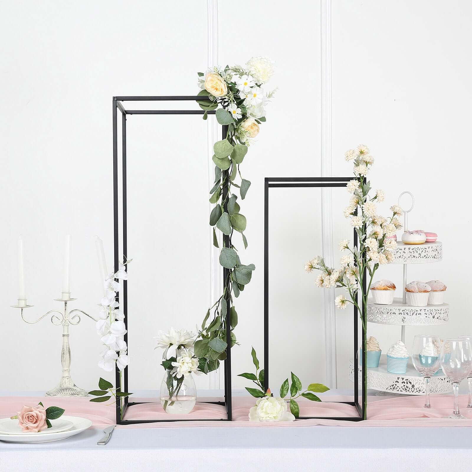 2-Pack Wedding Flower Stand Black Metal Geometric Column Frame Rectangular - Versatile Floral Pedestal for Sophisticated Arrangements 32