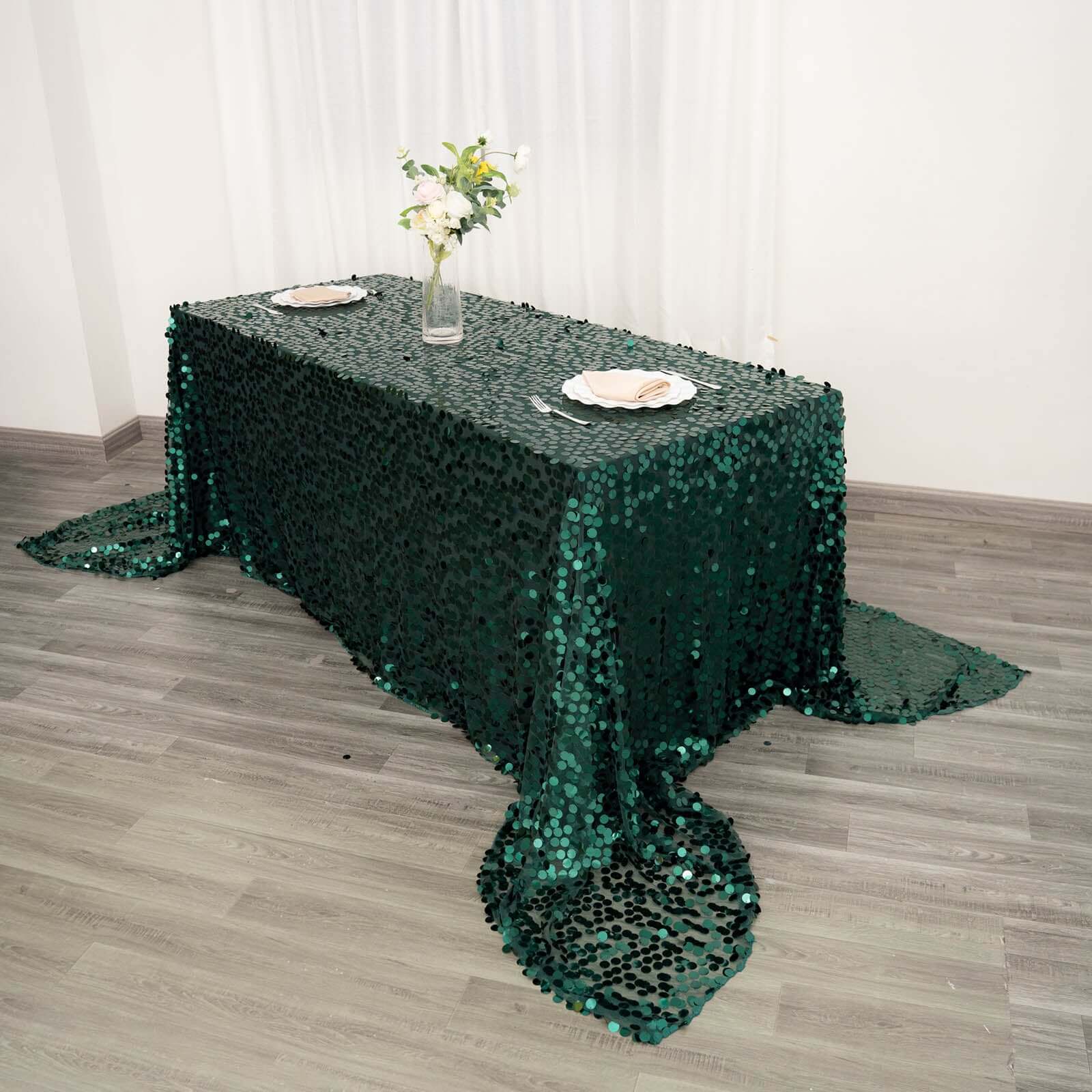 Sequin 90x156 Rectangle Tablecloth Hunter Emerald Green - Seamless Big Payette Table Cover