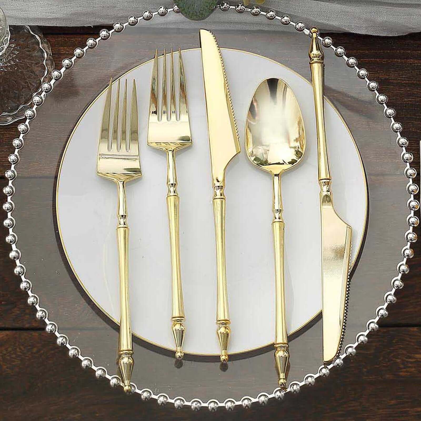 24-Pack Plastic Utensil Set with Roman Column Handle Gold - Disposable Silverware for Events