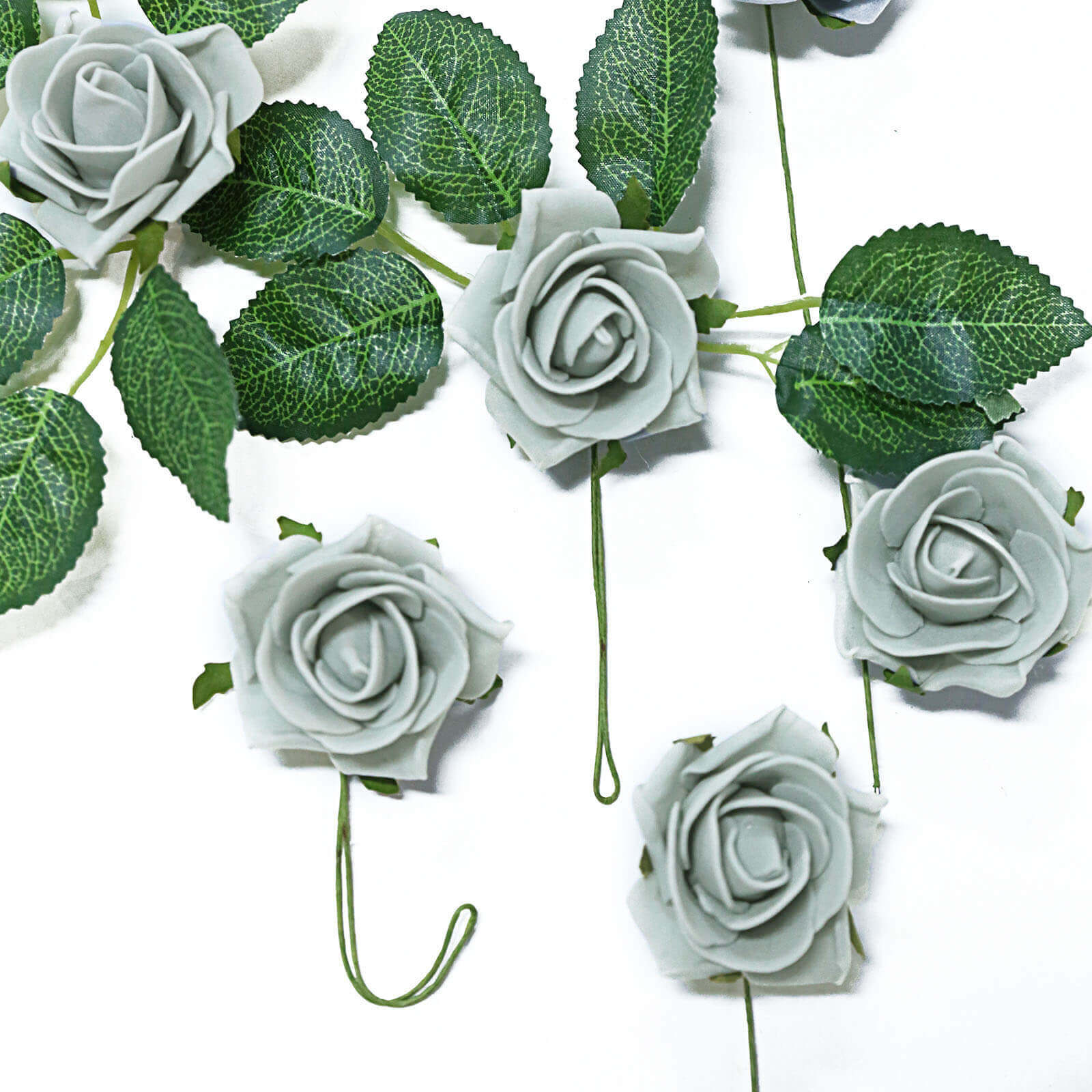 24 Roses 2 Silver Artificial Foam Flowers With Stem Wire and Leaves