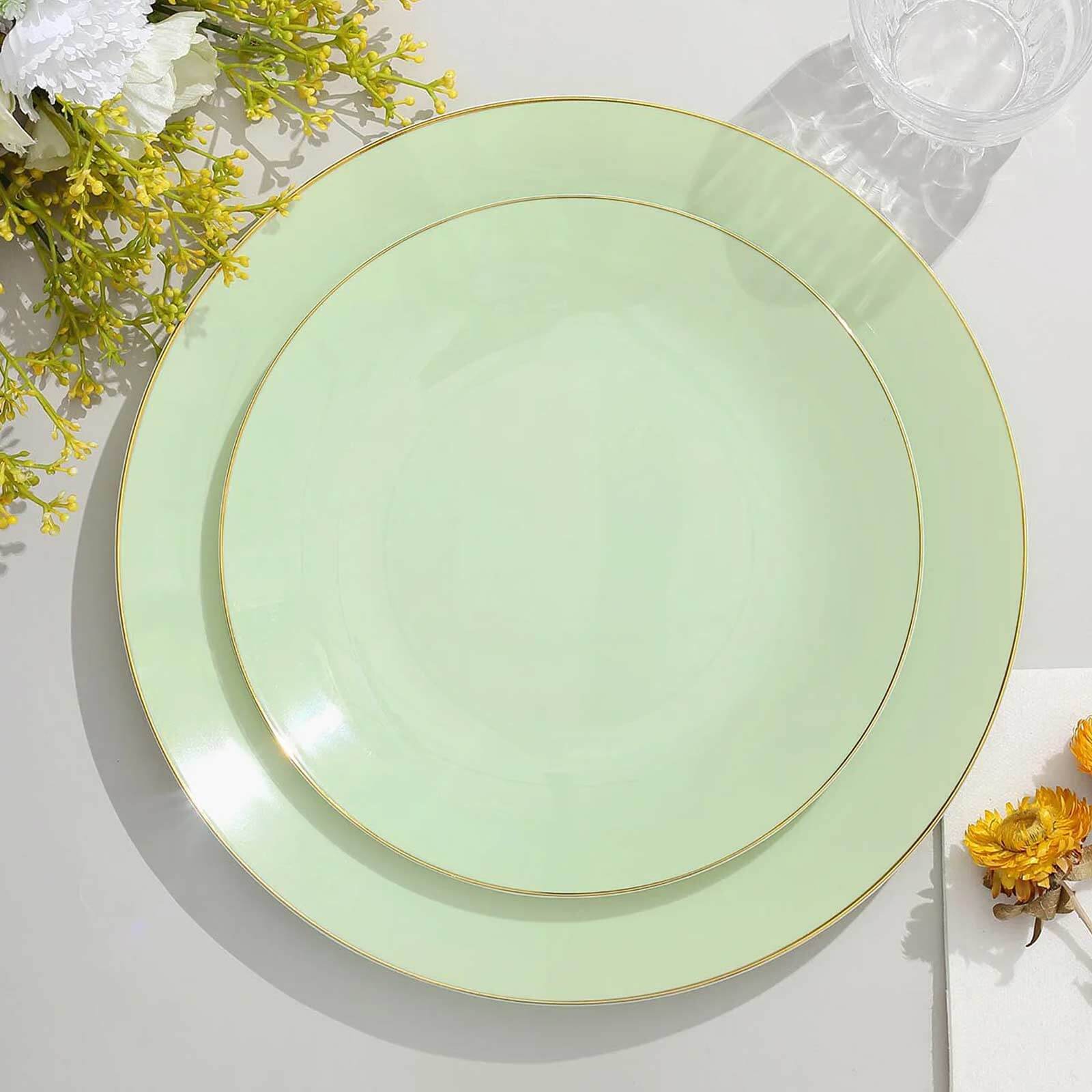 10-Pack Plastic 8 Round Dessert Plates in Sage Green with Gold Rim - Glossy Disposable Appetizer Salad Plates