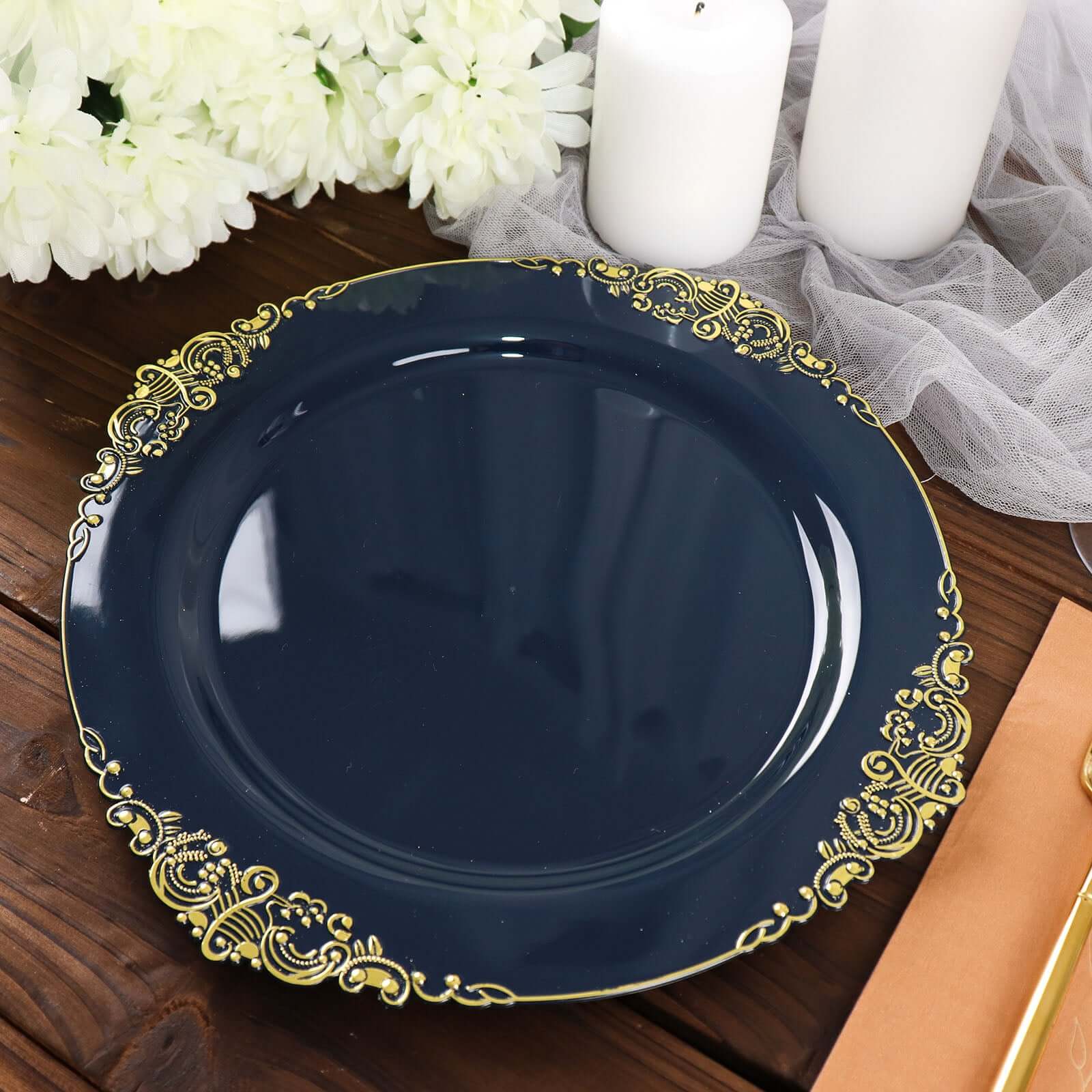 10-Pack Plastic 10 Round Dinner Plates in Navy Blue with Gold Leaf Embossed Rim - Disposable Vintage Baroque Style Plates