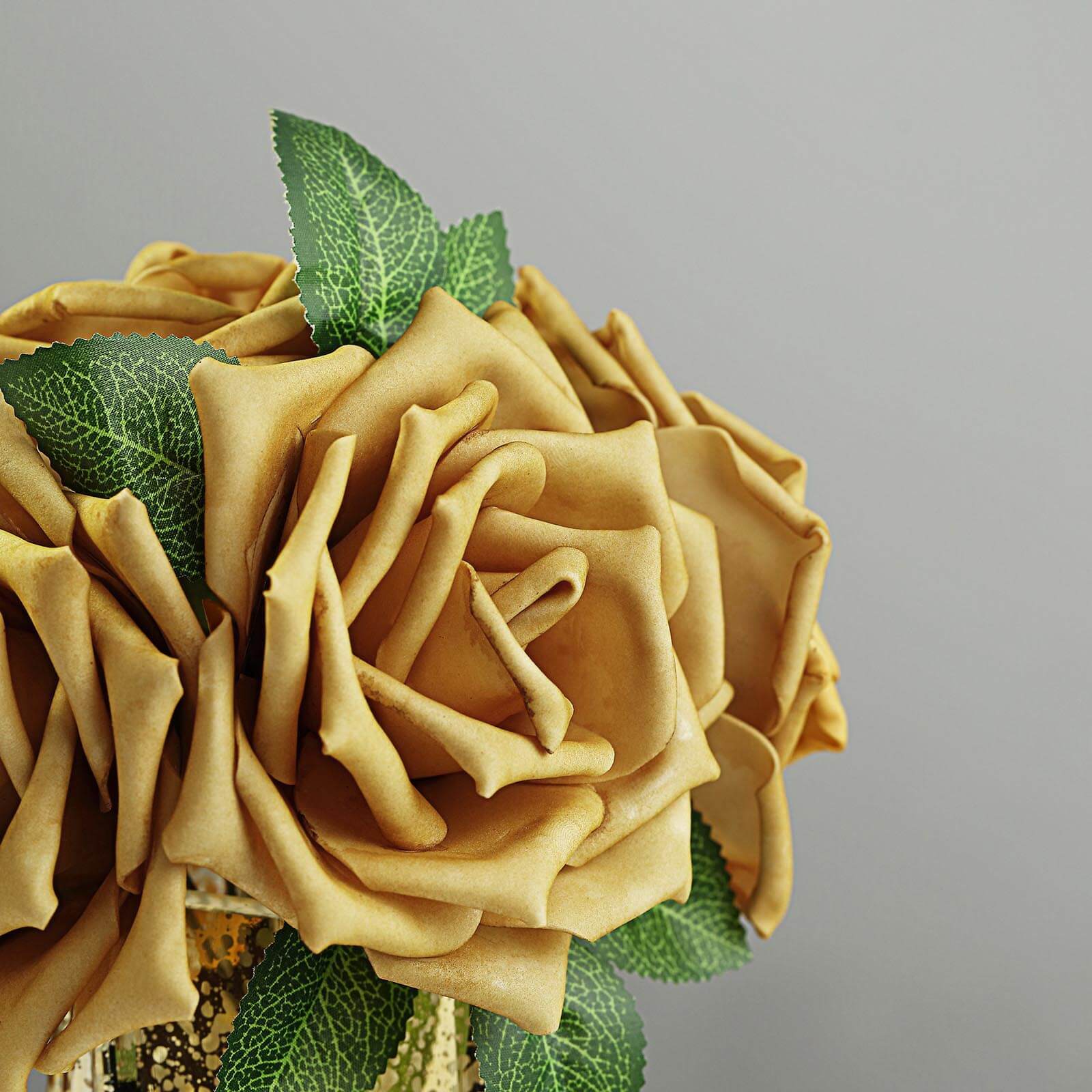 24 Roses 5 Gold Artificial Foam Flowers With Stem Wire and Leaves