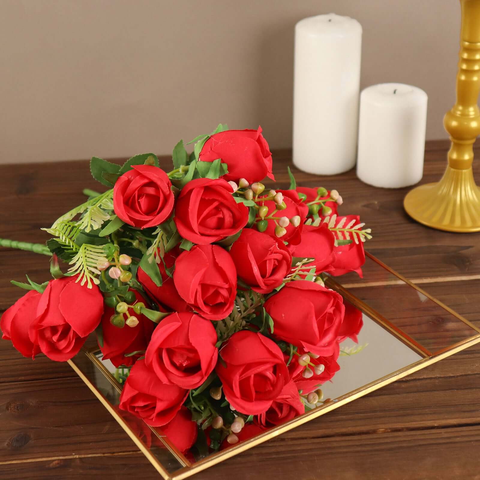 3 Pack 13 Red Real Touch Silk Rose Bud Flower Bridal Bouquets, Artificial Floral Bush Arrangements