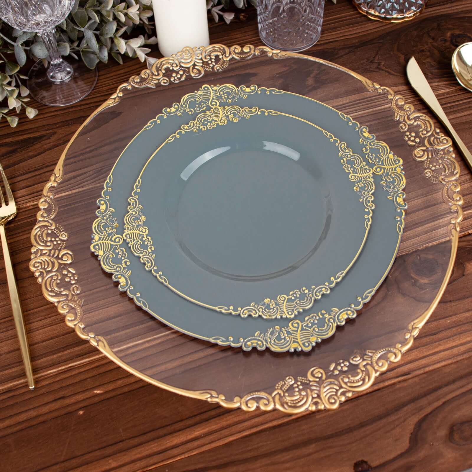 10-Pack Plastic 8 Round Dessert Plates in Dusty Blue with Gold Leaf Embossed Rim - Disposable Vintage Baroque Style Salad Plates