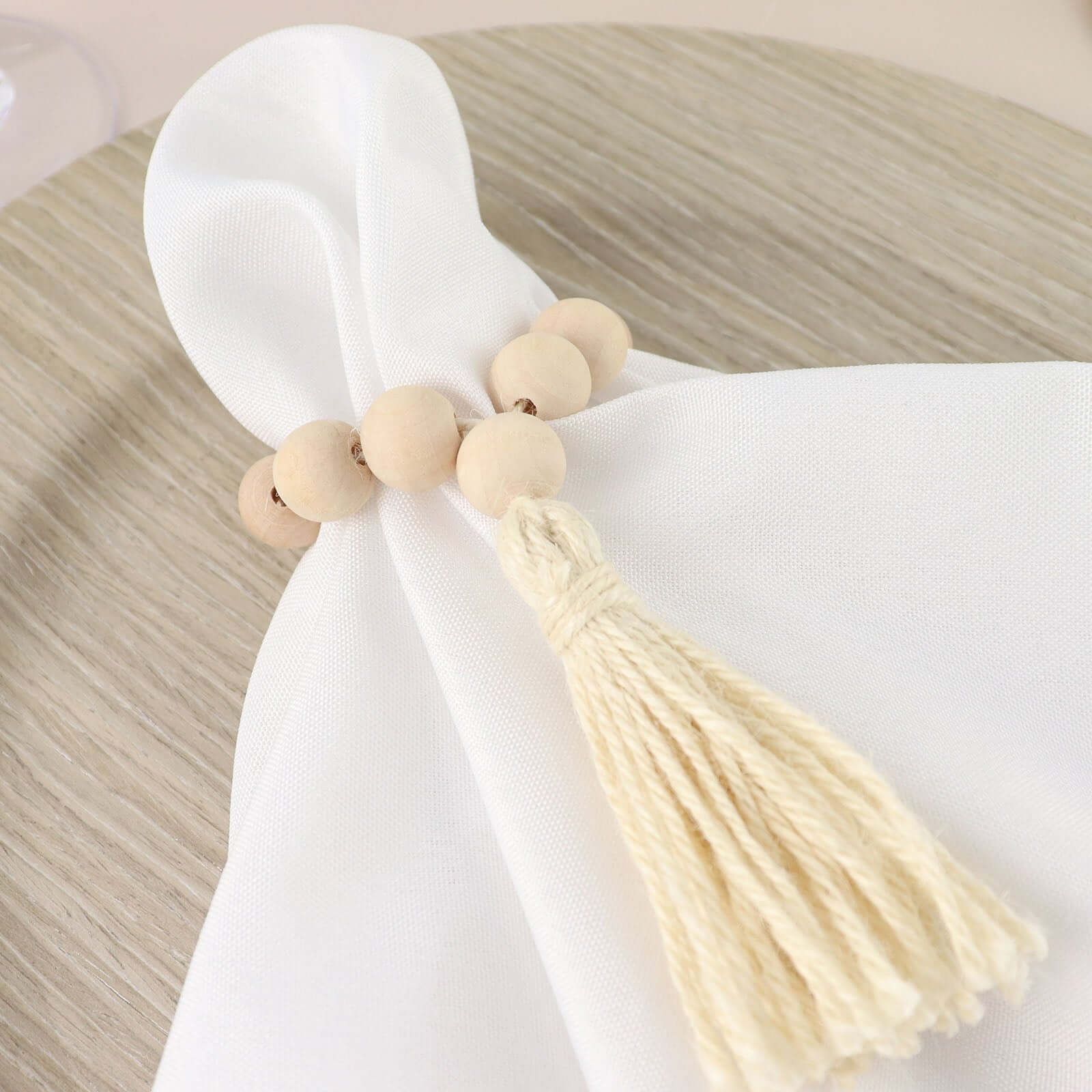 4 Pack 6 Cream Rustic Boho Chic Wood Bead Napkin Rings With Tassels, Farmhouse Country Napkin Holders