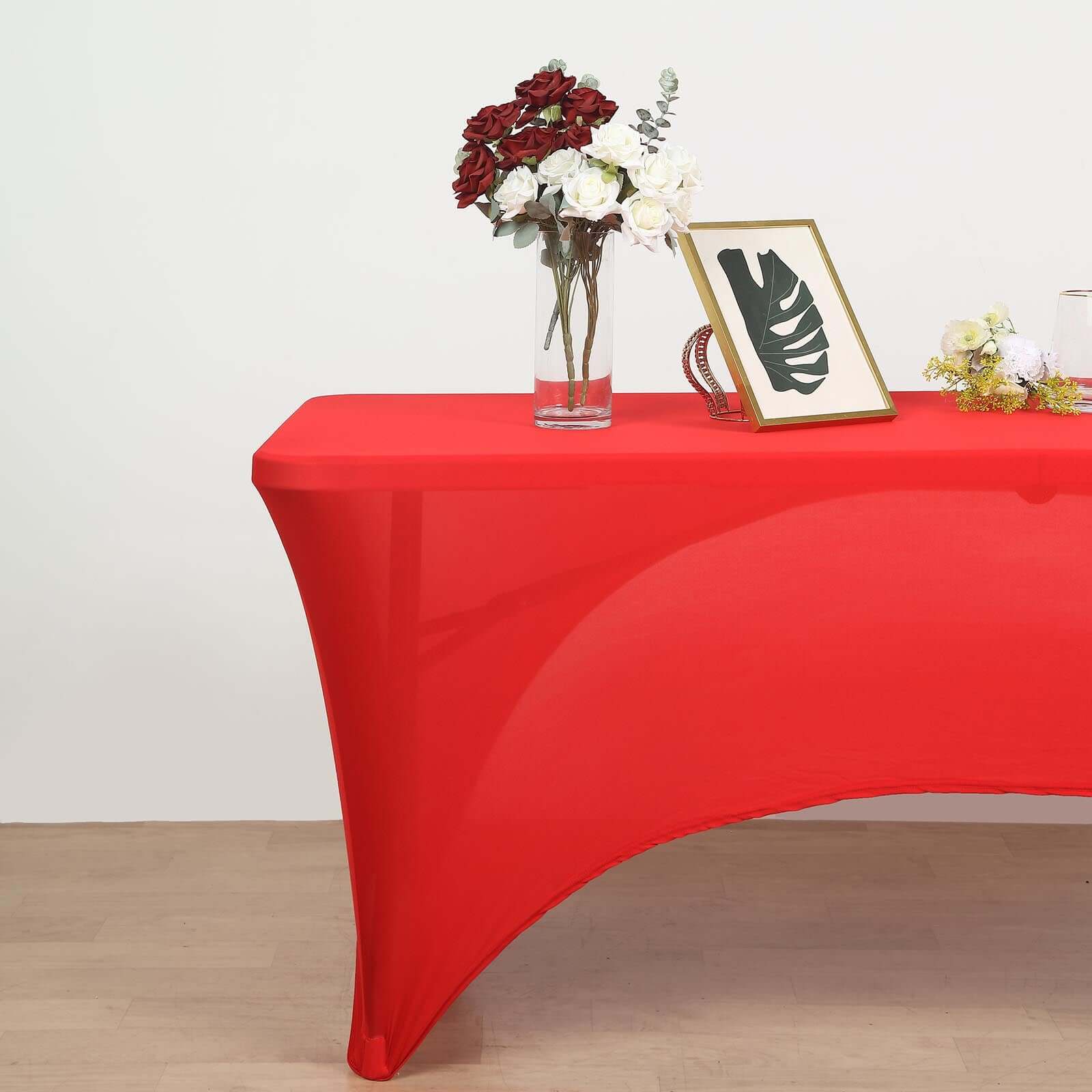 Stretch Spandex 96x30 Rectangle Table Cover Red with Curved Open Back Design Tailored Professional Look