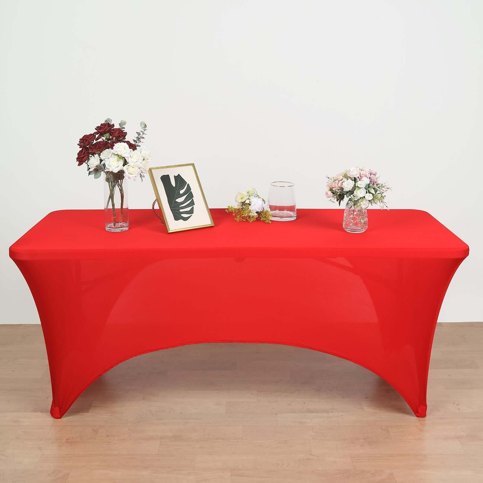 Stretch Spandex 72x30 Rectangular Table Cover Red with Curved Open Back Design Tailored Professional Look