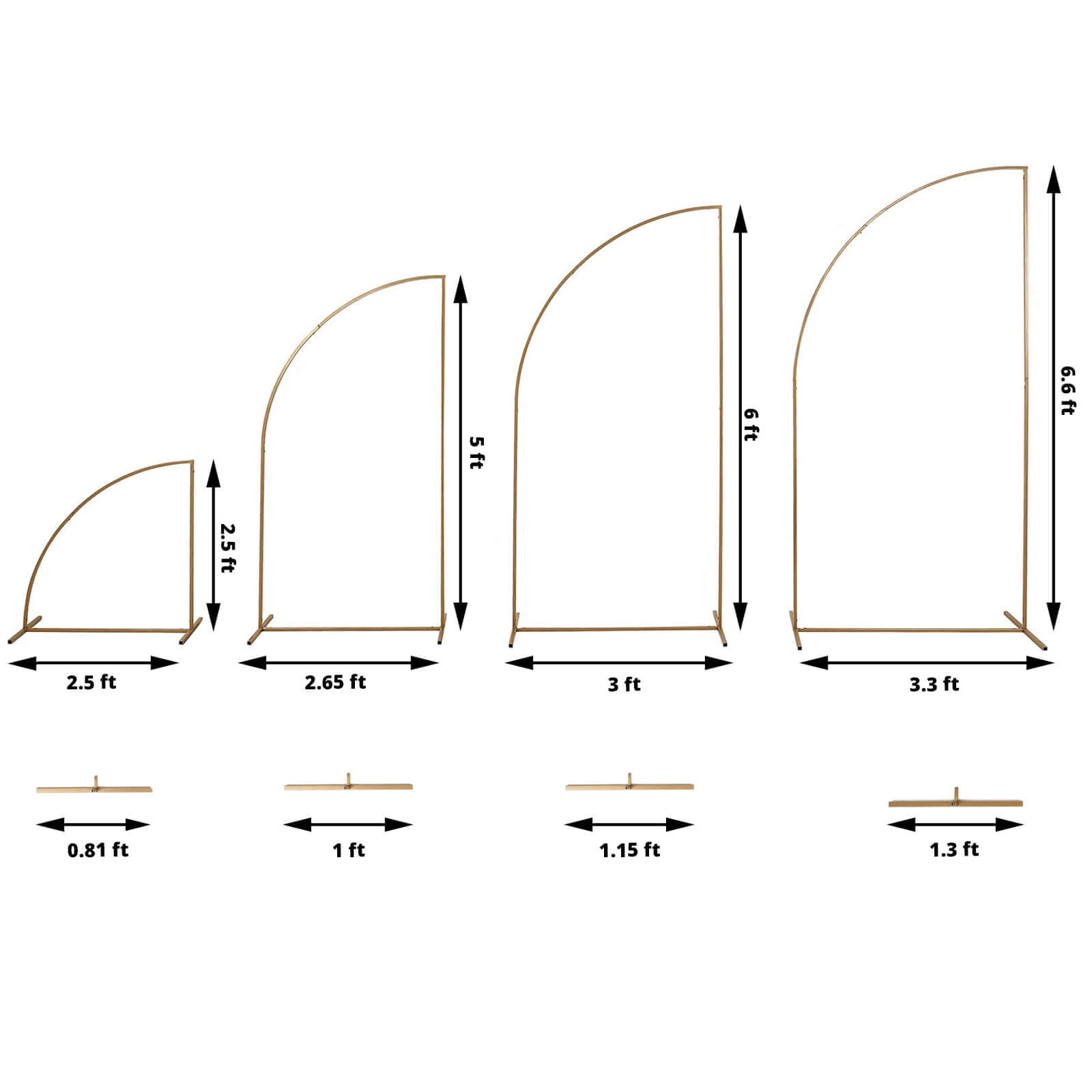 Set of 4 Gold Metal Half Moon Floral Frame Wedding Arbor Stand, Chiara Backdrop Display Arch - 2.5ft,5ft,6ft,7ft
