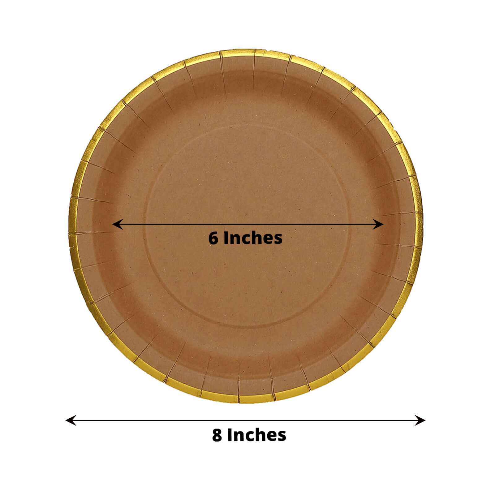 25-Pack Kraft Paper 8 Round Dessert Plates in Natural Brown with Gold Lined Rim - Disposable Salad Appetizer Plates for Rustic & Vintage Inspired Events