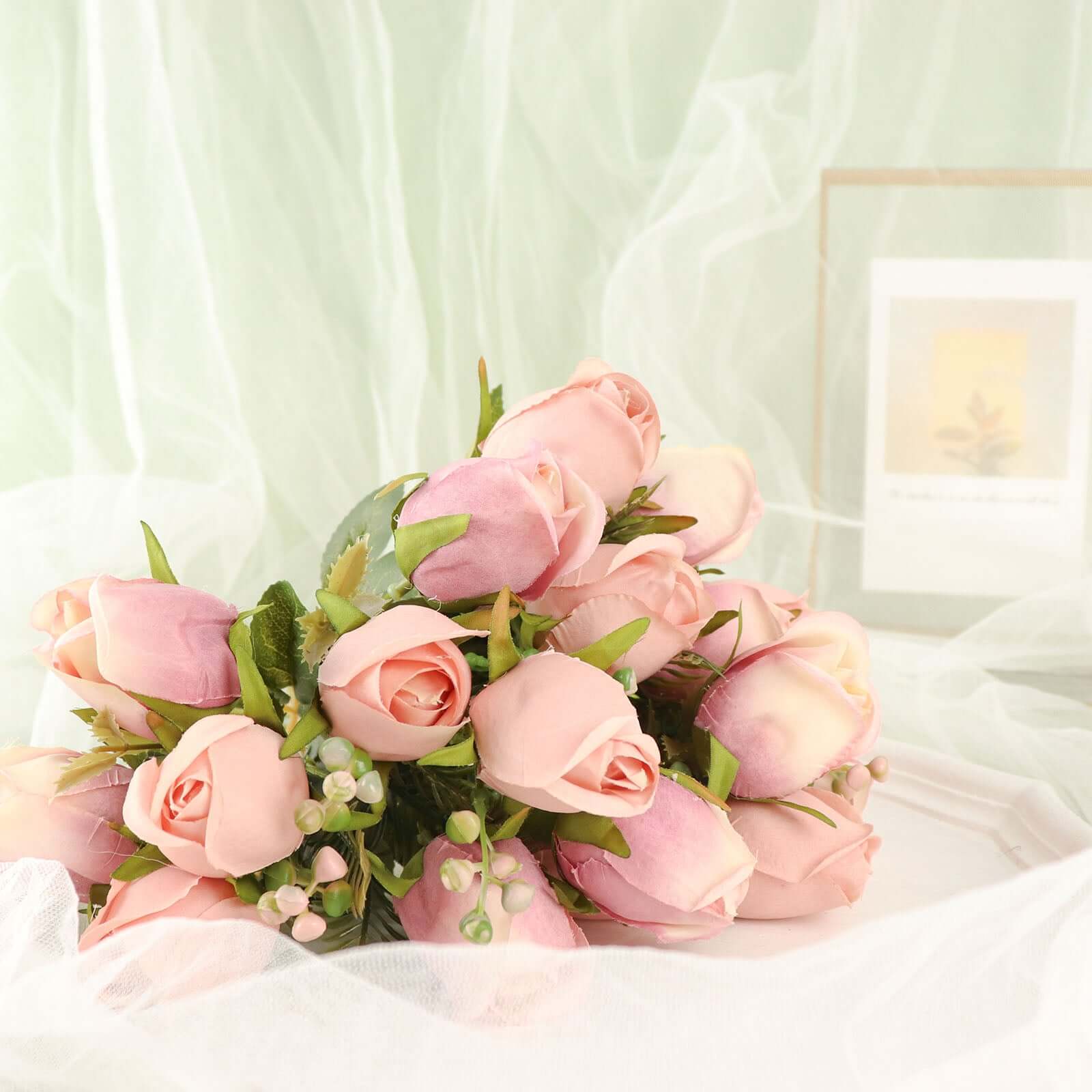 3 Pack 13 Dusty Rose Real Touch Silk Rose Bud Flower Bridal Bouquets, Artificial Floral Bush Arrangements