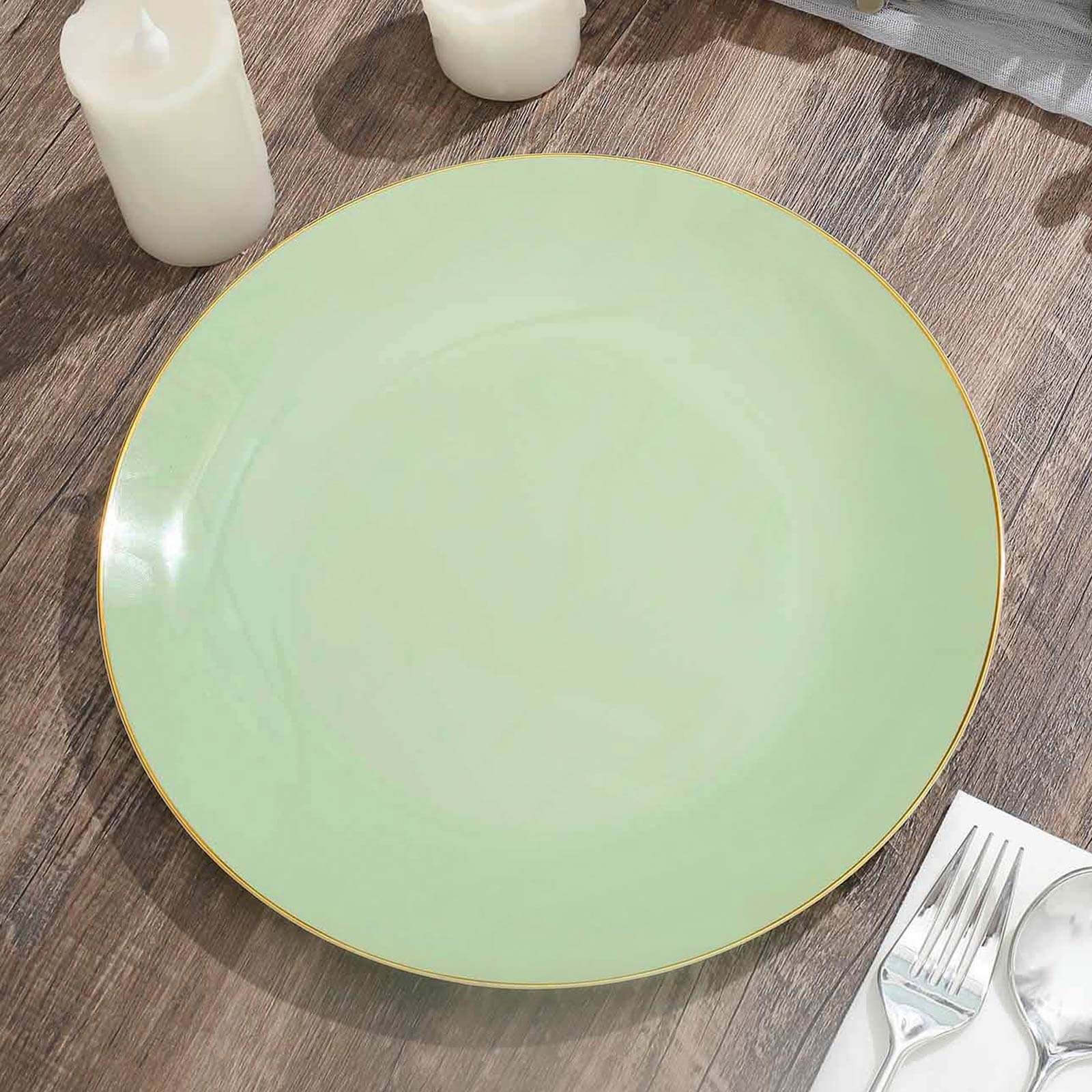 10-Pack Plastic 10 Round Dinner Plates in Sage Green with Gold Rim - Glossy Disposable Party Plates