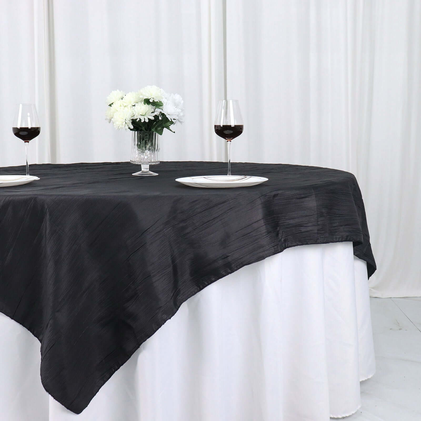 Taffeta 72x72 Table Overlay Square Tablecloth Black - Accordion Crinkle Table Cover