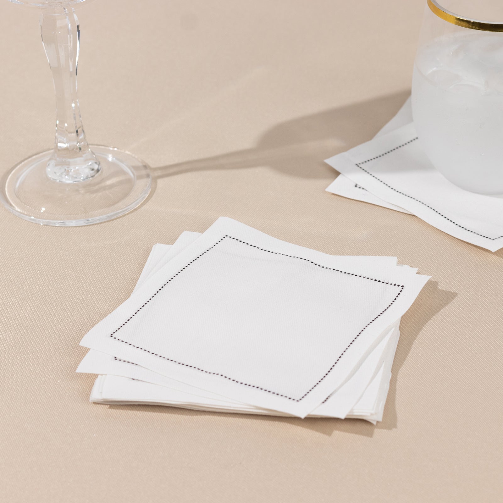 50-Pack Cotton Cocktail Napkins with Black Hemstitched Border White - Disposable 4.5x4.5 Napkins for Events